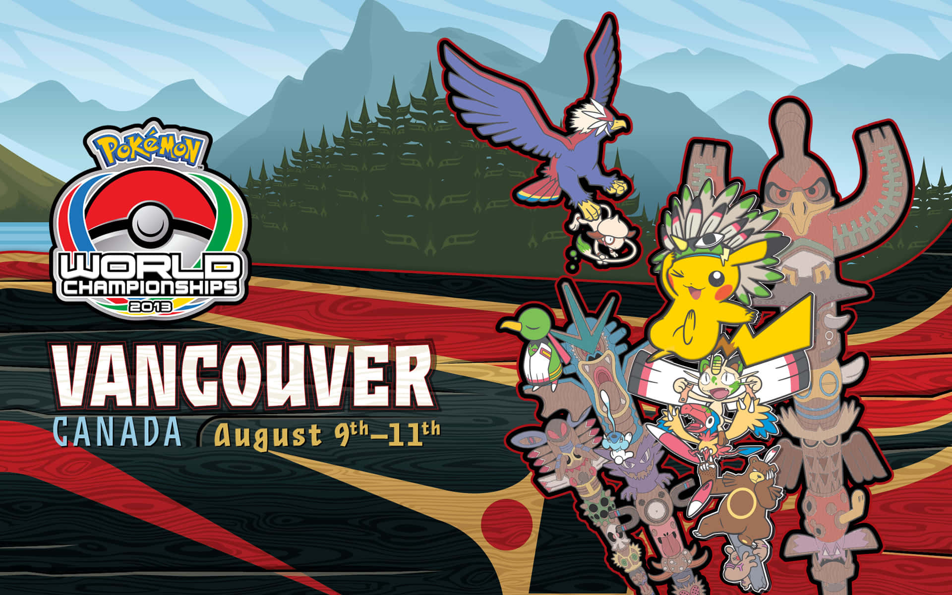 Pokemon World Championships 桌布 壁紙 — 色彩繽紛的 Pokémon World Championships 2013 海報，以皮卡丘及其他 Pokémon 為主角，背景為山脈及原住民圖騰柱藝術。