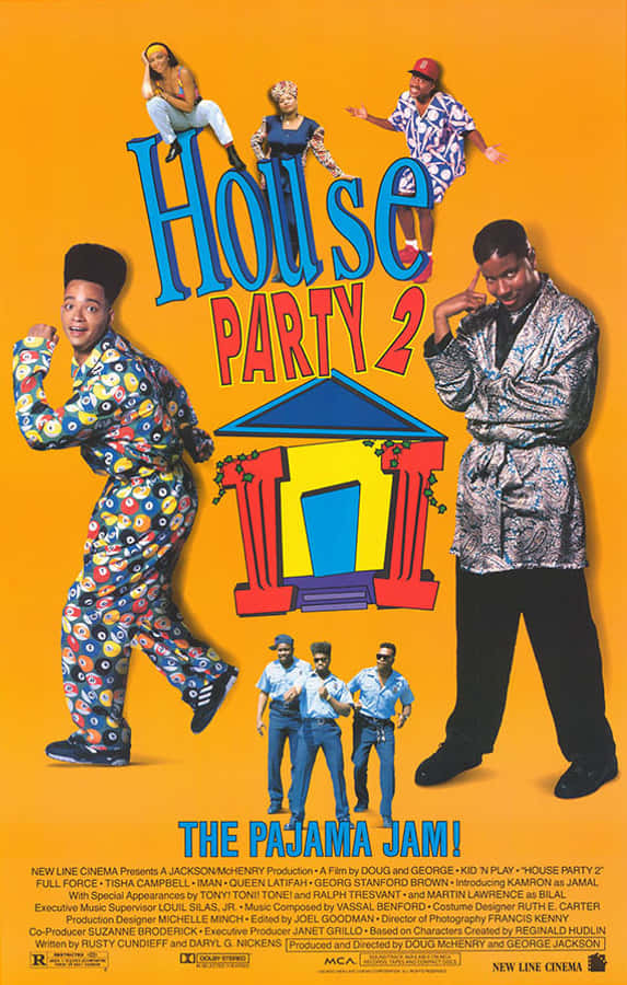 House Party 桌布 壁紙 — 色彩繽紛的1990年代電影《House Party 2》海報，角色穿著彩色睡衣，背景為明亮的橙色。