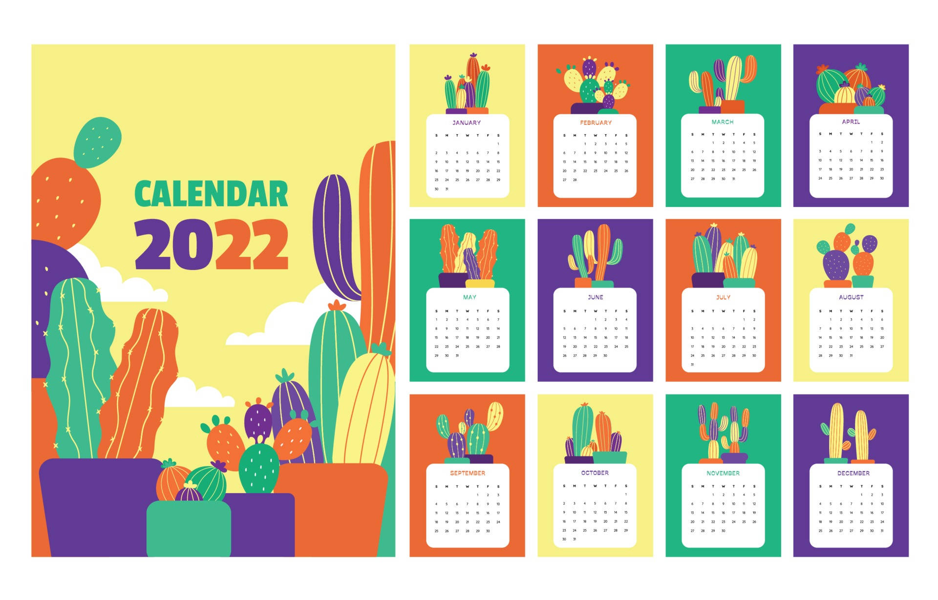 Calendar 桌布 壁紙 — 色彩繽紛的2022年月曆，以花盆中的彩色卡通仙人掌為特色，背景是陽光明媚的黃色天空和白色雲朵。