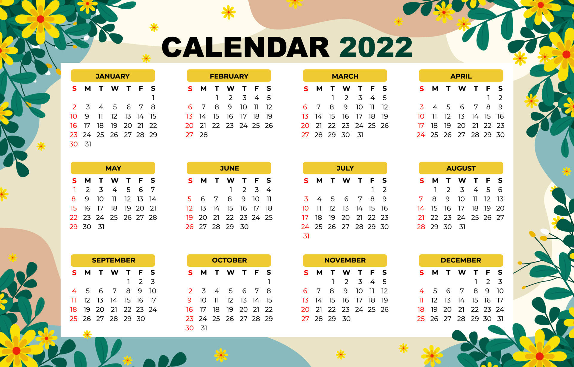 Calendar 桌布 壁紙 — 色彩繽紛的2022年月曆，以黃色花朵和綠色葉子圍繞每月網格，背景為柔和粉彩。