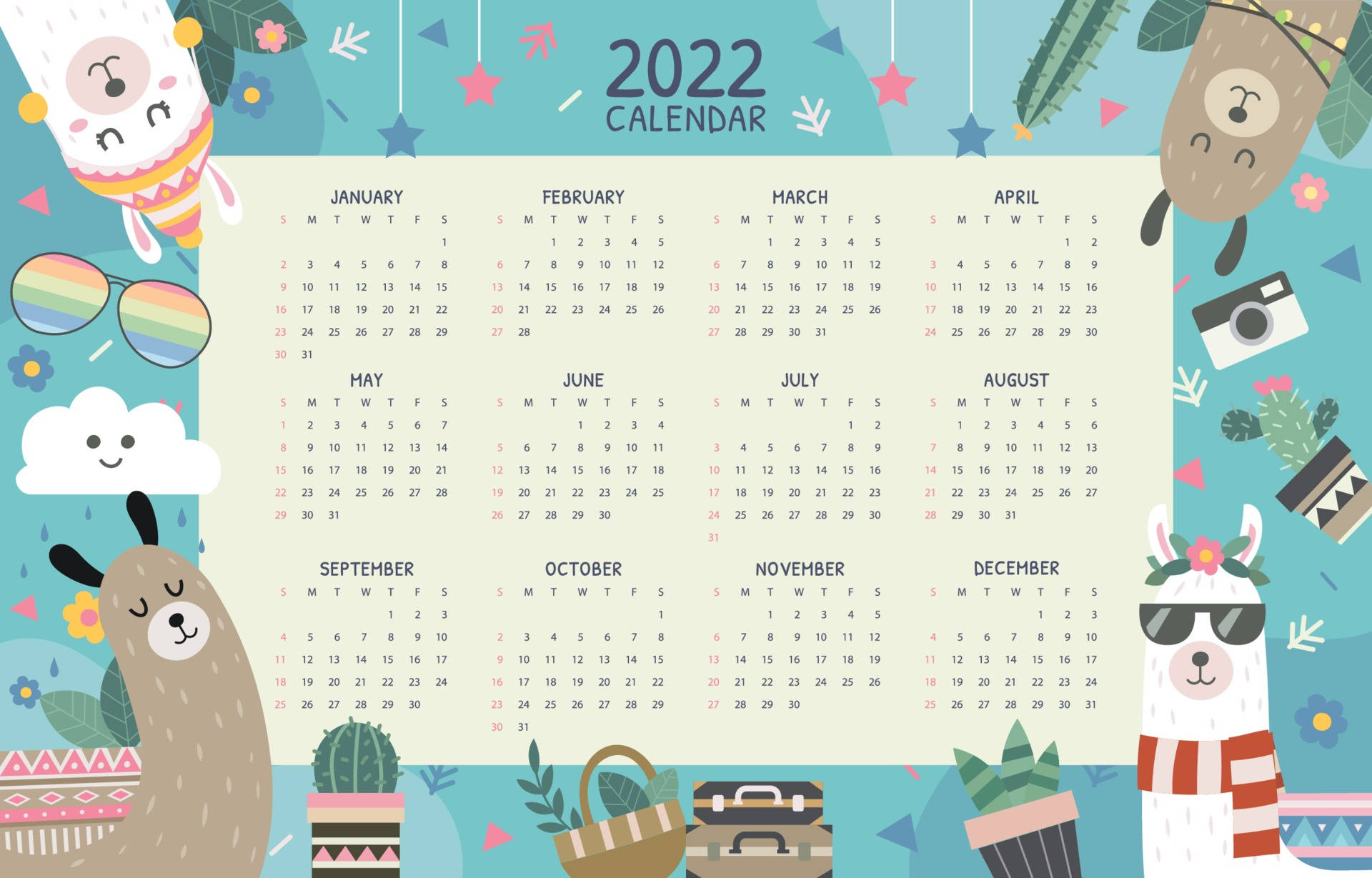 Calendar 桌布 壁紙 — 色彩繽紛的2022年月曆，可愛卡通羊駝戴著太陽眼鏡和帽子，被植物和幾何形狀環繞。