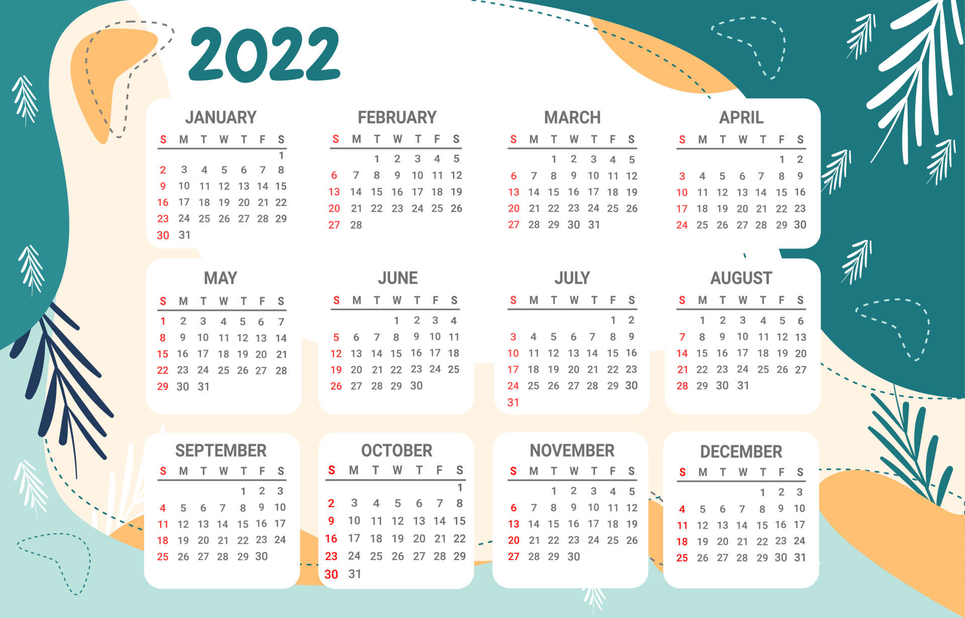 Calendar 桌布 壁紙 — 色彩繽紛的2022年月曆，採用柔和背景和樹葉塗鴉框住每月網格。