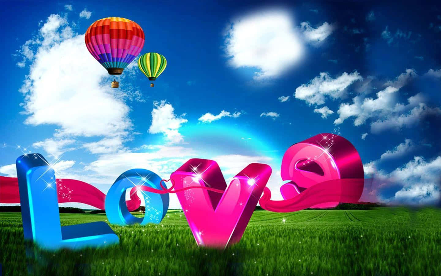 3d Love 桌布 壁紙 — 色彩繽紛的3D字母拼出「Love」，在陽光明媚的田野中閃耀，熱氣球漂浮在蓬鬆的雲朵之上。