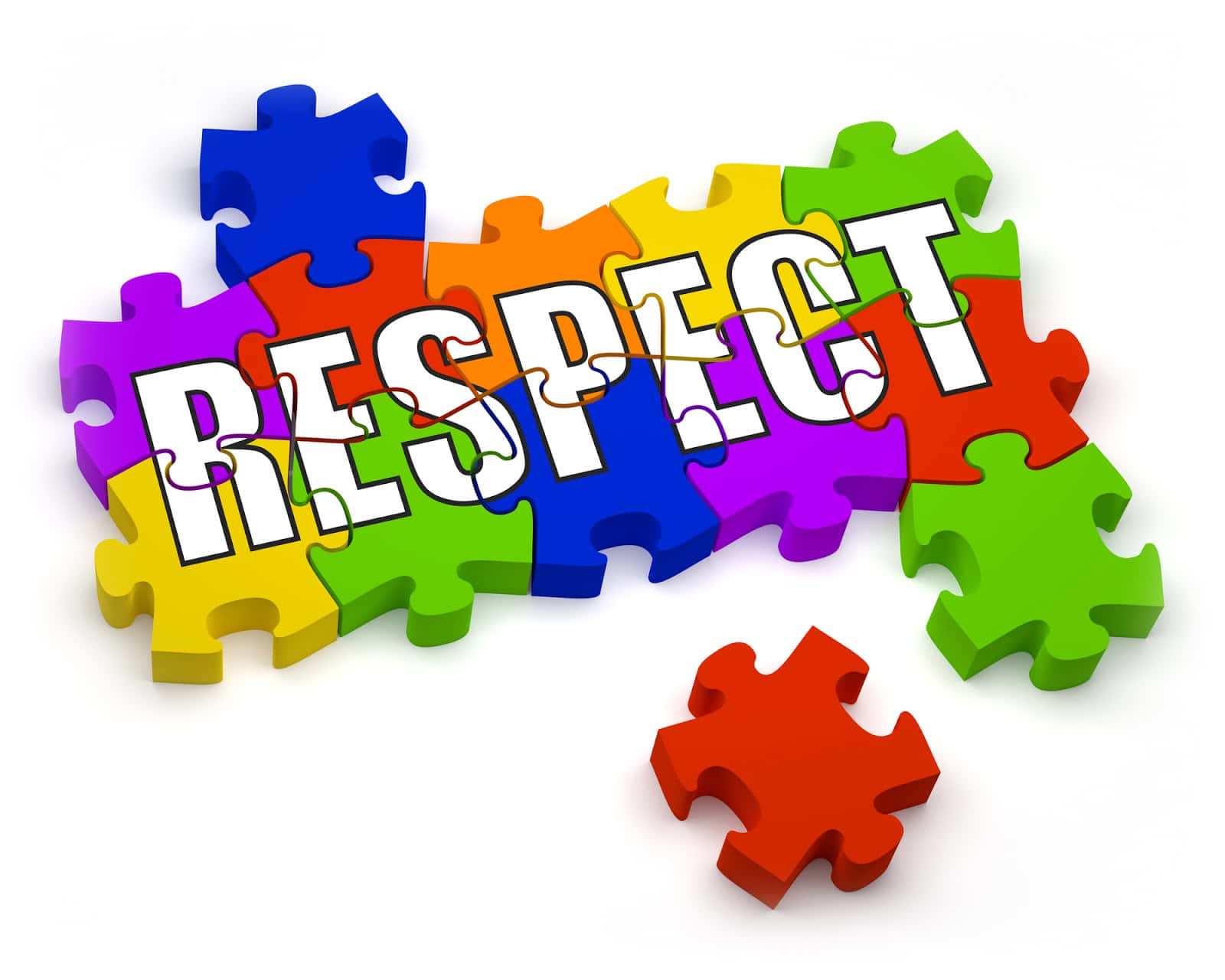 設計 桌布 壁紙 — 色彩繽紛的3D拼圖塊在白色背景上拼出'RESPECT'，缺少一塊紅色拼圖塊。