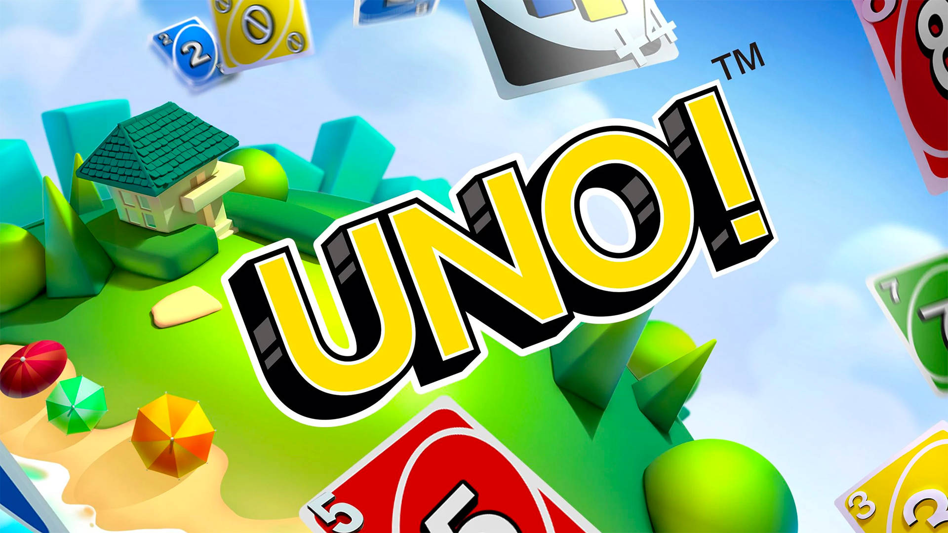 Uno 桌布 壁紙 — 色彩繽紛的3D渲染UNO遊戲卡在藍天下圍繞著一個有房屋和沙灘傘的卡通島漂浮。