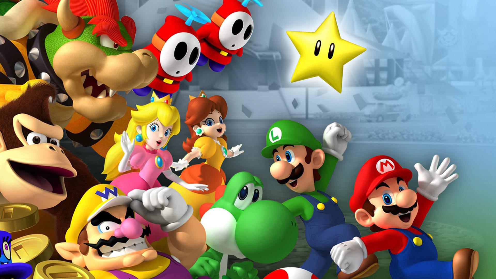Mario And Luigi 桌布 壁紙 — 色彩繽紛的3D渲染任天堂角色，如瑪利歐、路易吉和庫巴，在模糊的體育場背景和閃爍星星前動態擺姿勢。