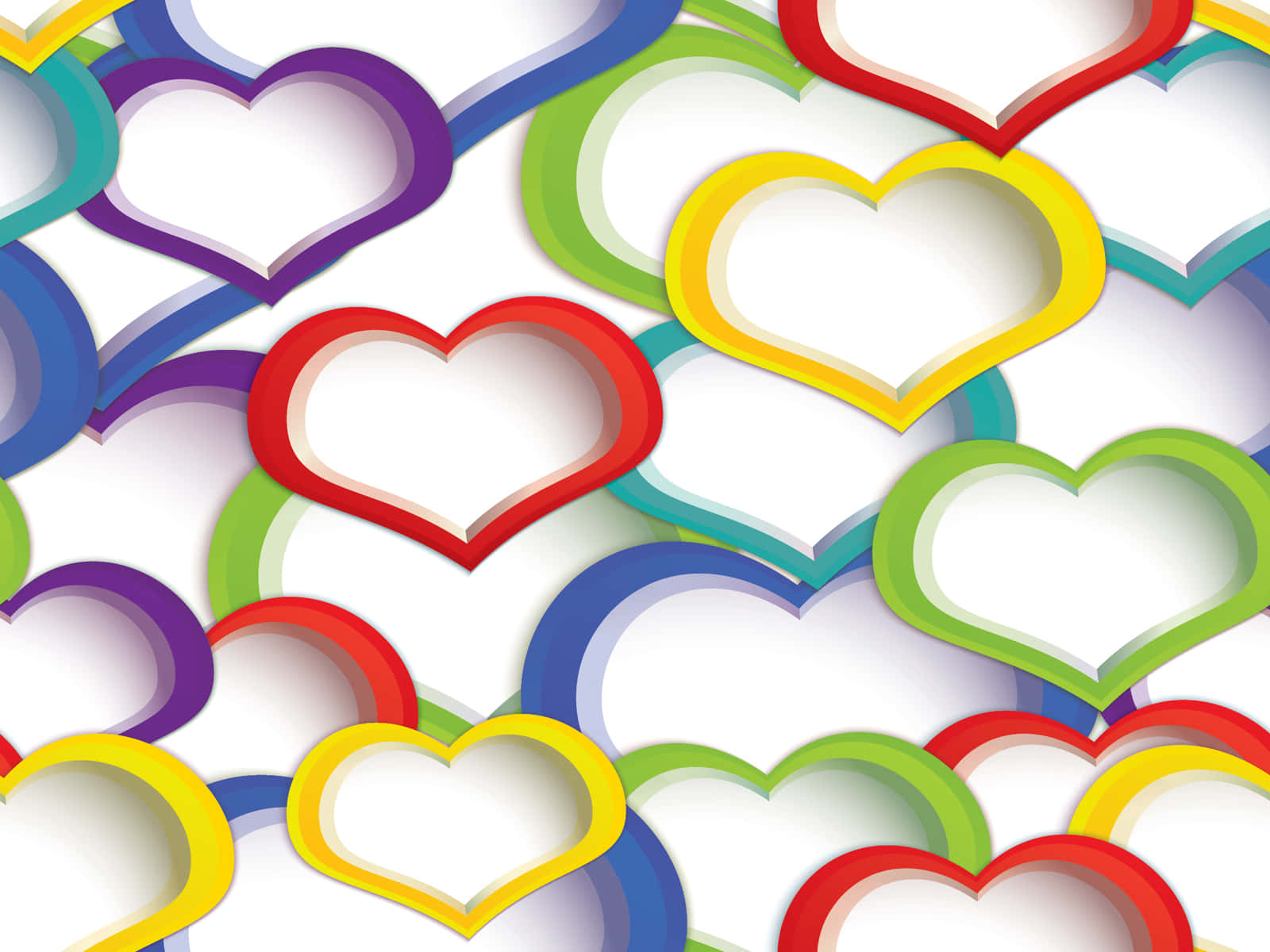 Rainbow Heart 桌布 壁紙 — 色彩繽紛的3D渲染心形以彩虹色重疊，在白色背景上形成俏皮的抽象圖案。