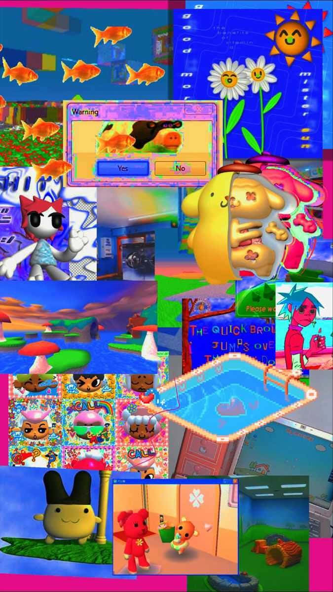 surreal 桌布 壁紙 — 色彩繽紛的3D渲染遊戲場景拼貼畫，包含卡通角色、魚類和有趣的UI元素。