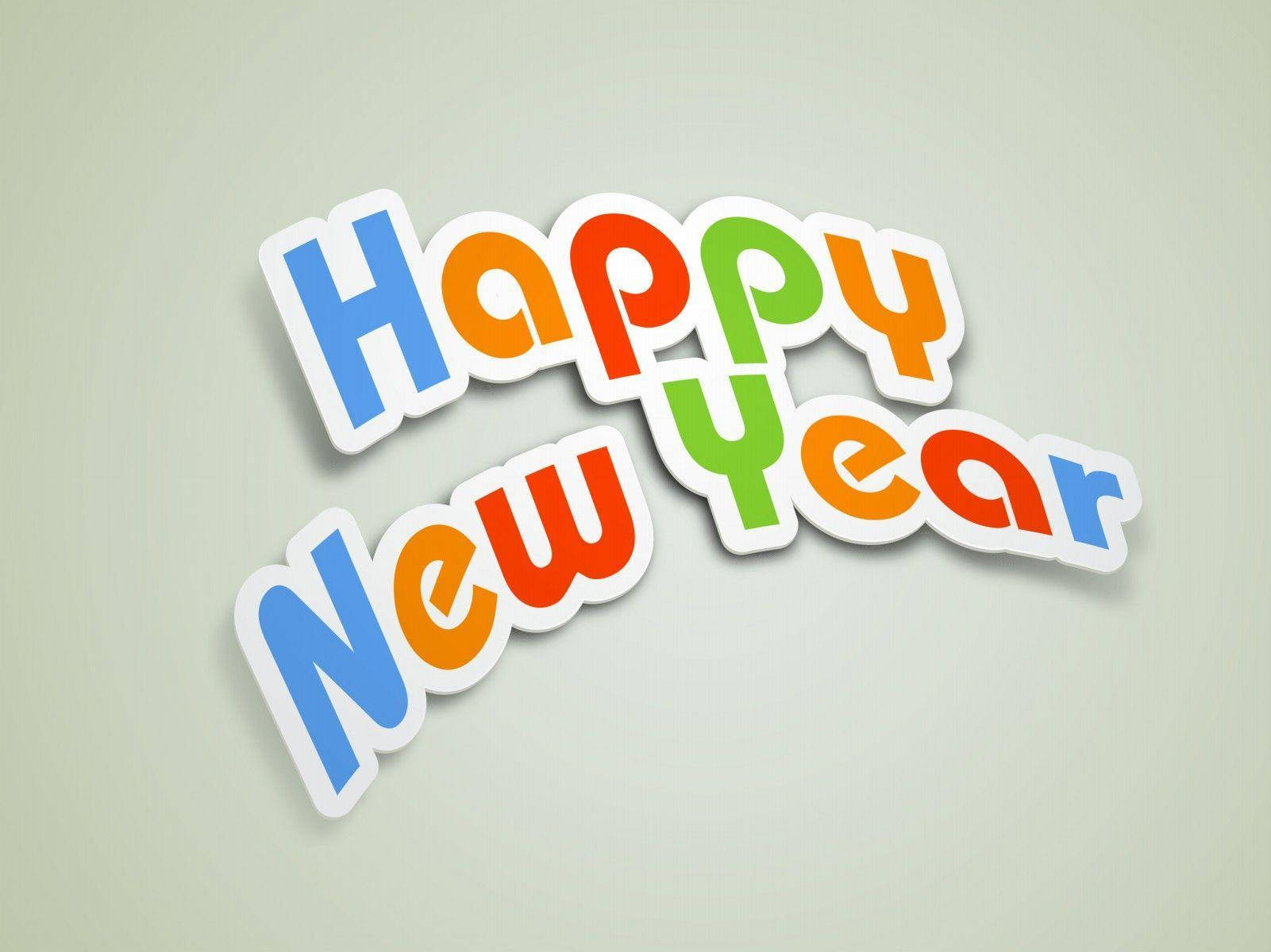 New 桌布 壁紙 — 色彩繽紛的3D風格「Happy New Year」字母帶有白色輪廓，在柔和的米色背景上對角漂浮。
