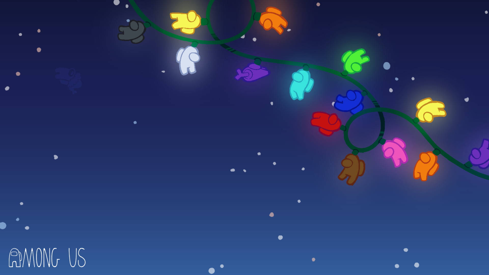 Among Us角色在星空下作為發光的燈串。 — Among US 壁紙