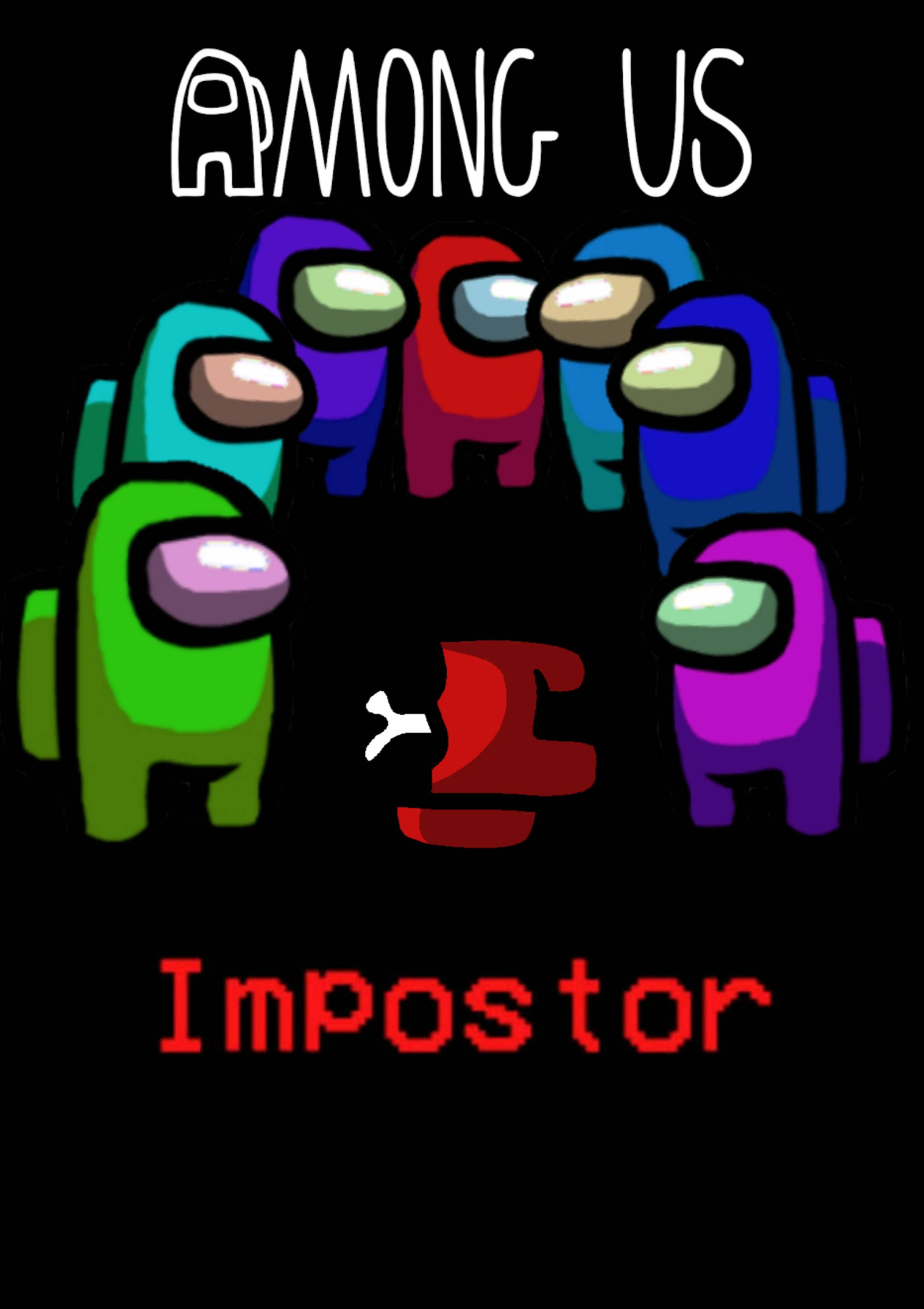 Among US Impostor 桌布 壁紙 — 色彩繽紛的Among Us船員圍繞著一個像素化的紅色冒名頂替者，其眼睛發光，背景為黑色。