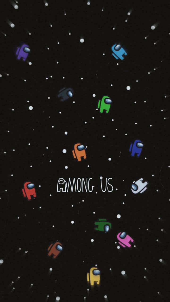 Among US Phone 桌布 壁紙 — 色彩繽紛的Among Us船員在佈滿星星的黑色虛空中漂浮，遊戲標題居中顯示在下方。