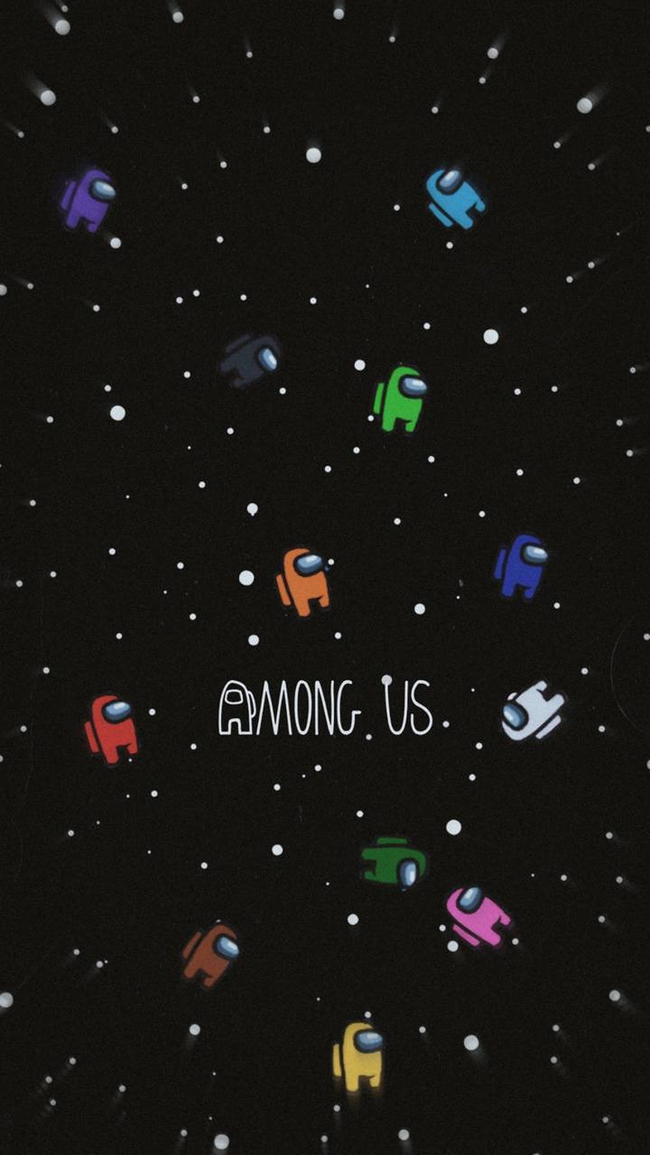 US 桌布 壁紙 — 色彩繽紛的Among Us船員在星空漂浮，遊戲標題置中。