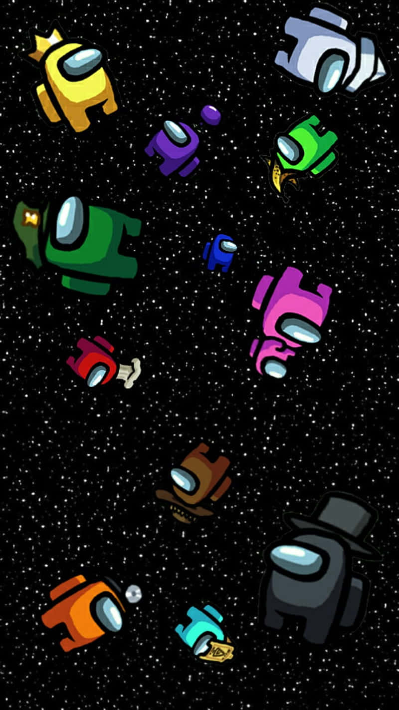 Among US Phone 桌布 壁紙 — 色彩繽紛的Among Us船員在黑色宇宙背景的星空虛空中漂浮。