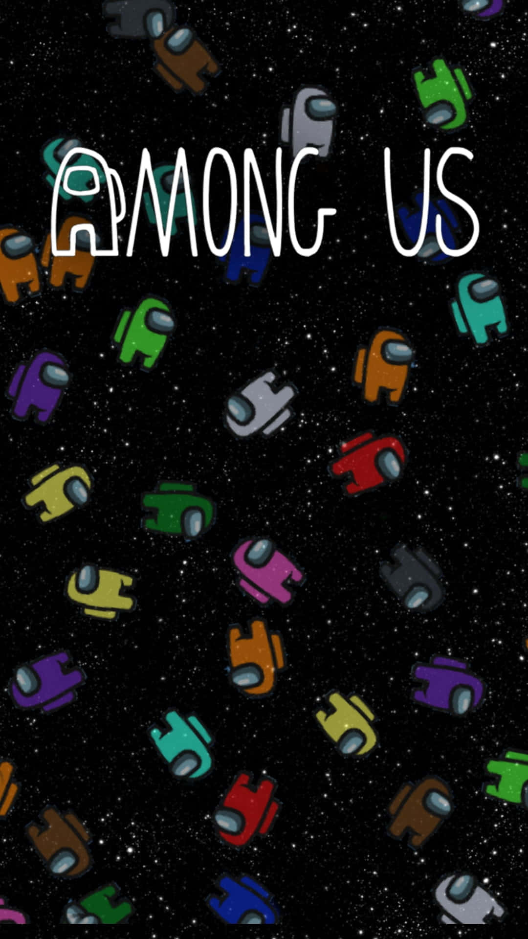 Among Us遊戲角色在太空中漂浮，帶有標題文字 — Among US 壁紙