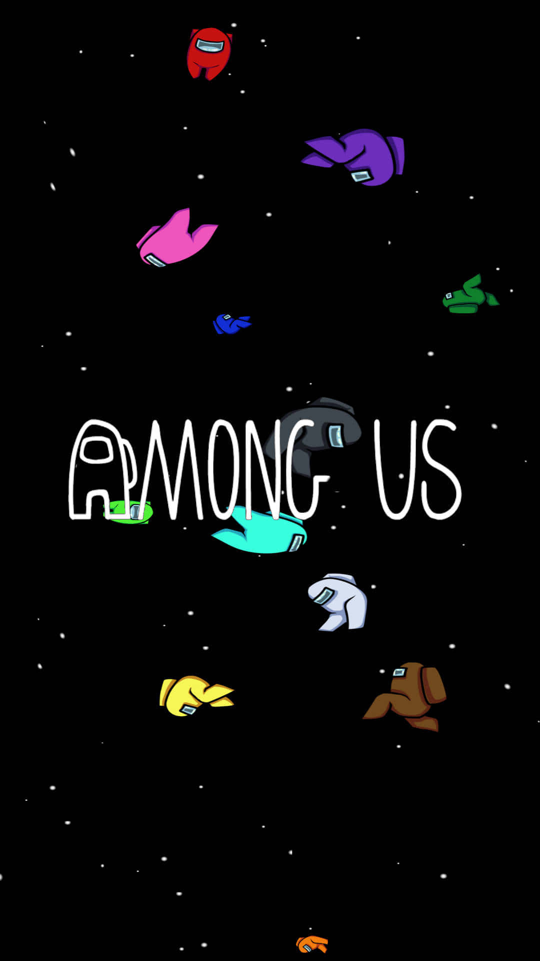 在我們之中 太空 桌布 壁紙 — 色彩繽紛的Among Us船員在星空環繞遊戲標題文字漂浮。