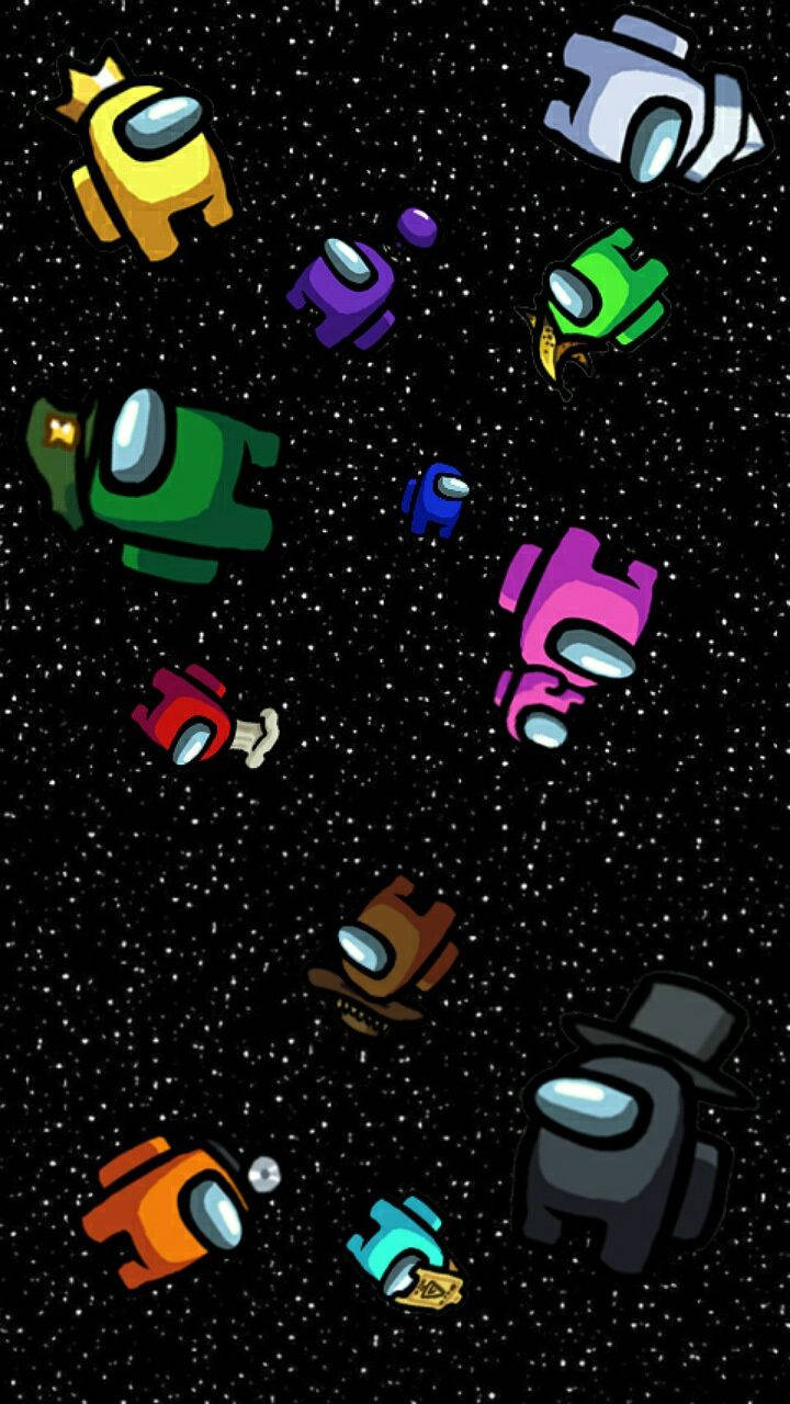 Among Us角色在太空漂浮，背景有星星。 — Among US 壁紙