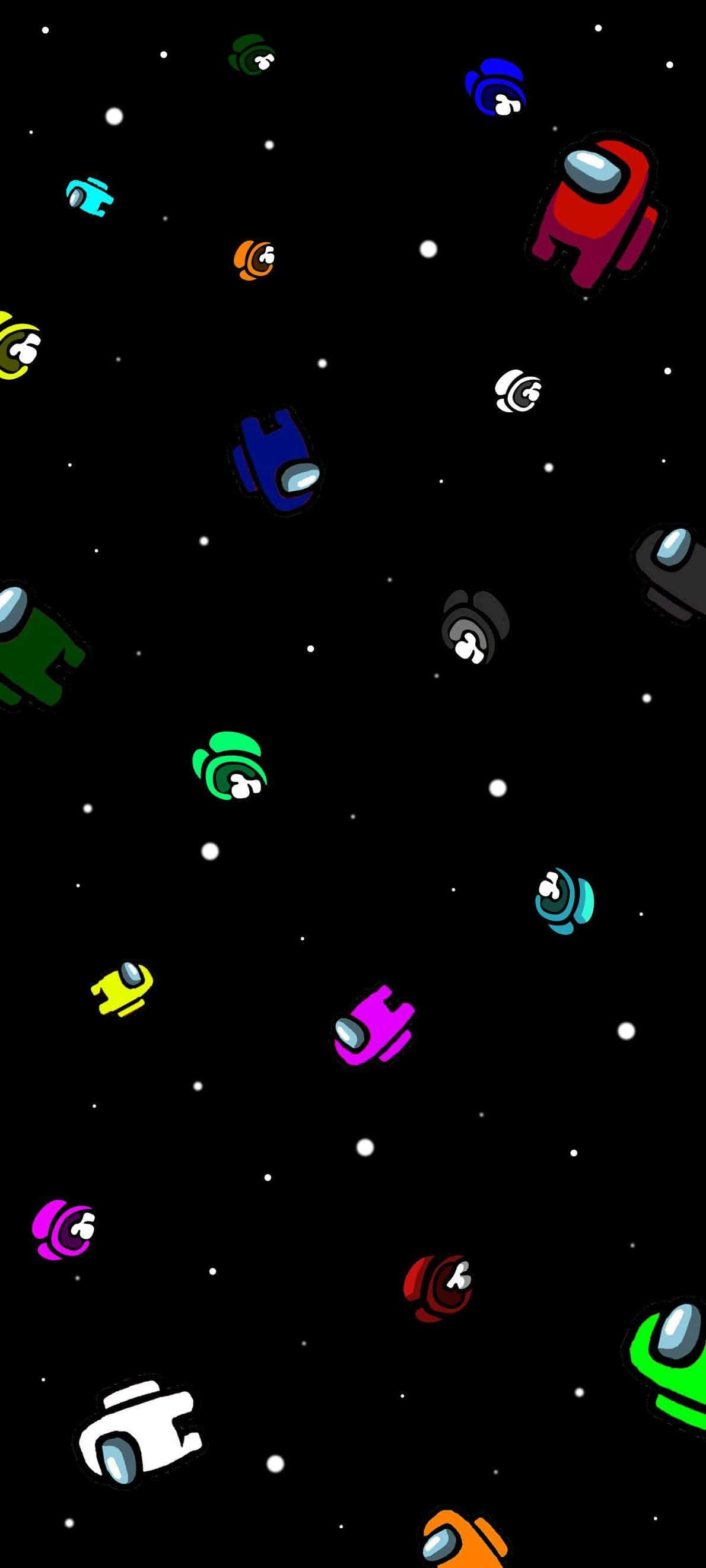 Among US Phone 桌布 壁紙 — 色彩繽紛的Among Us船員漂浮在佈滿星光的黑色虛空中，背景是宇宙景觀。