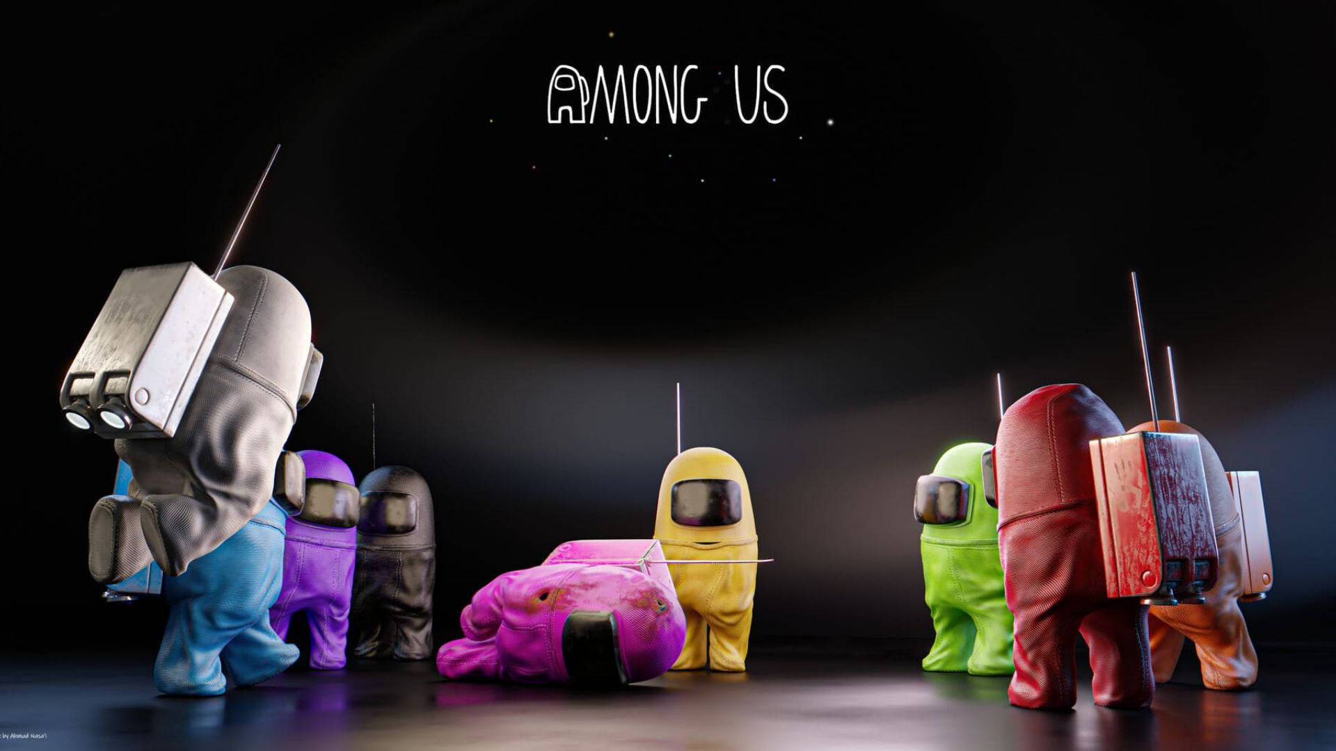game 桌布 壁紙 — 色彩繽紛的Among Us船員站在黑暗的房間中，一名粉紅色船員躺在地上。