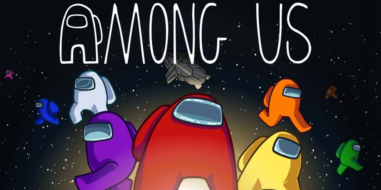 Among Us遊戲角色在太空中漂浮，伴有星星和標題文字。 — Among US 壁紙