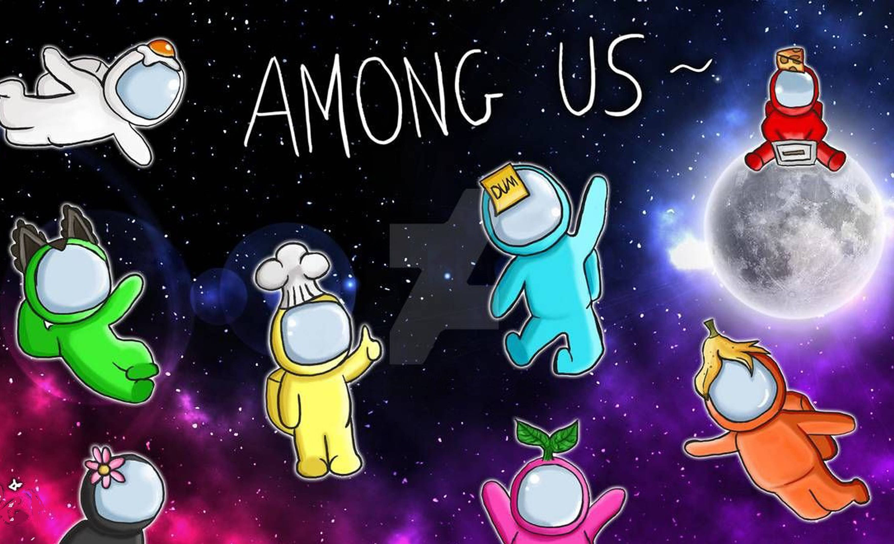 US 桌布 壁紙 — 色彩繽紛的Among Us角色在充滿活力的宇宙場景中漂浮，背景有月亮和星星。
