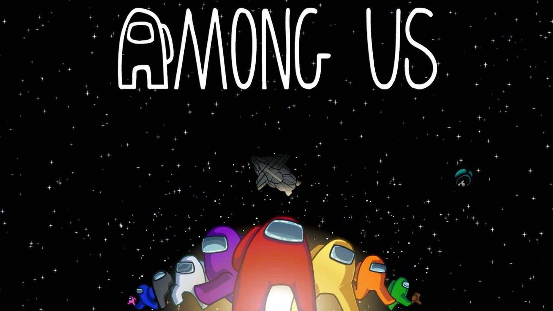 在我們之中 太空 桌布 壁紙 — 色彩繽紛的Among Us角色在遊戲標題標誌下方的星空空間中漂浮。