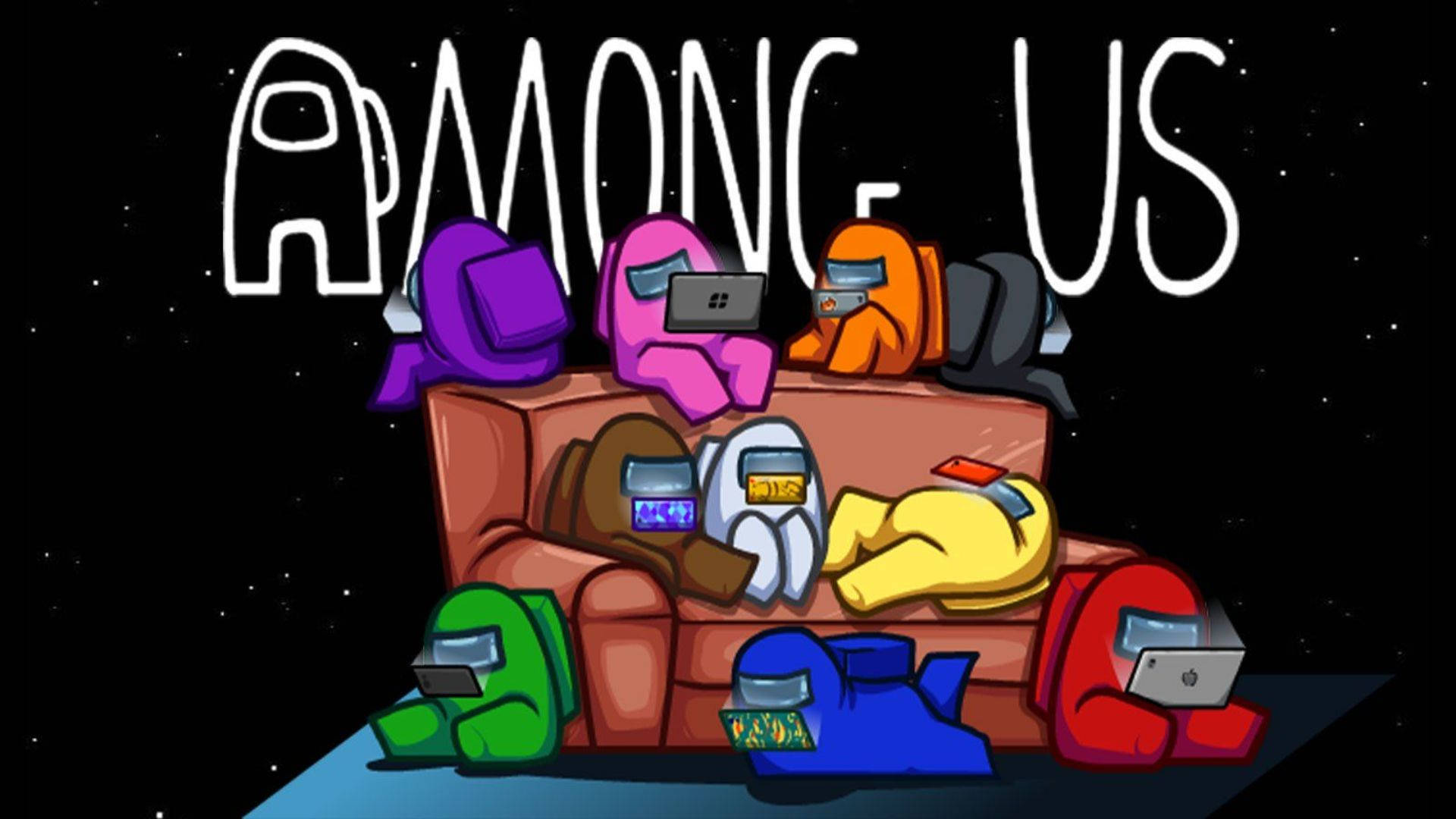 game 桌布 壁紙 — 色彩繽紛的Among Us角色在沙發上休息，背景是星空太空，遊戲標題在上方。
