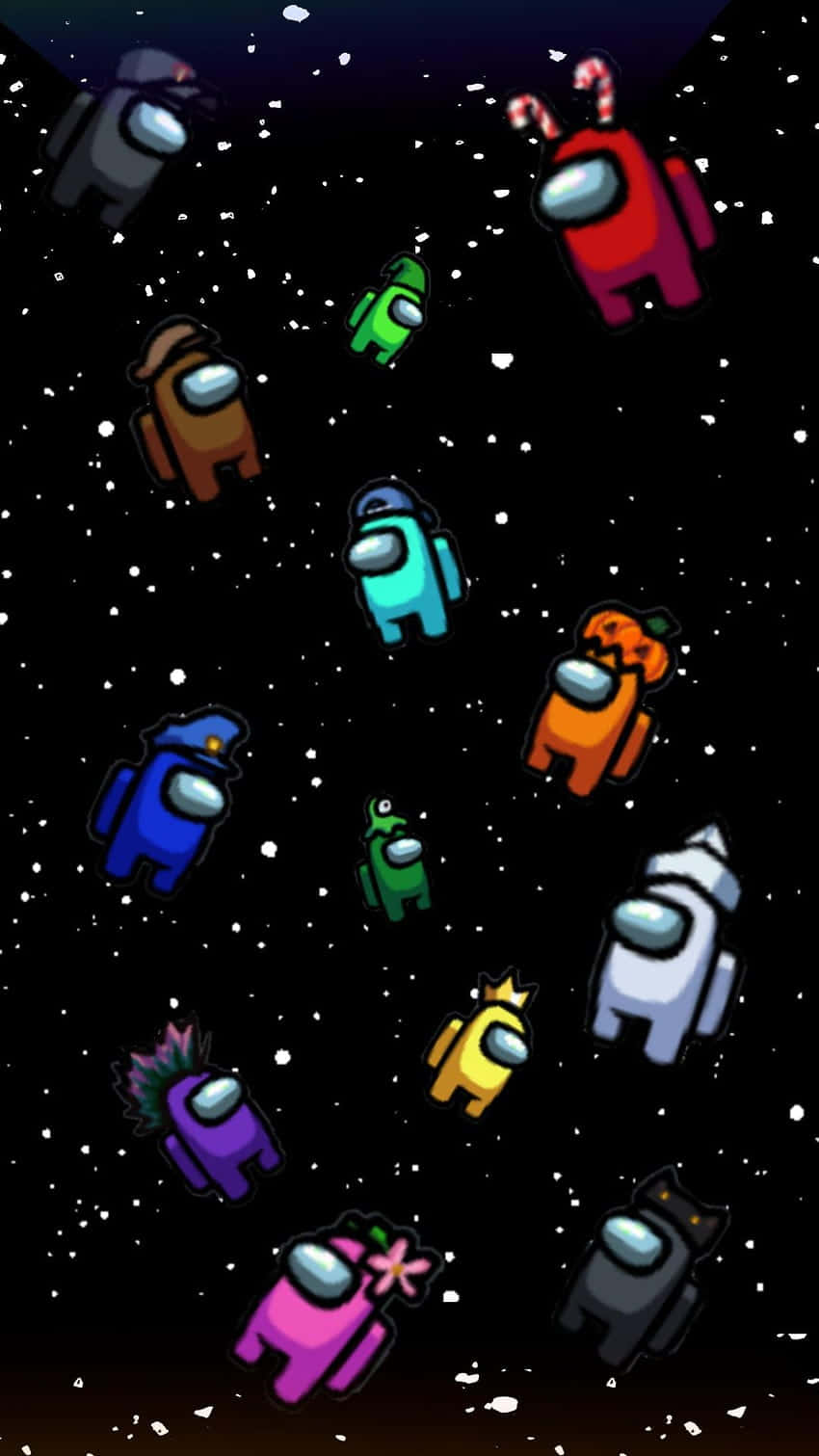 Among US Phone 桌布 壁紙 — 色彩繽紛的Among Us角色在星光閃爍的太空背景中漂浮，戴著節日帽子和配飾。
