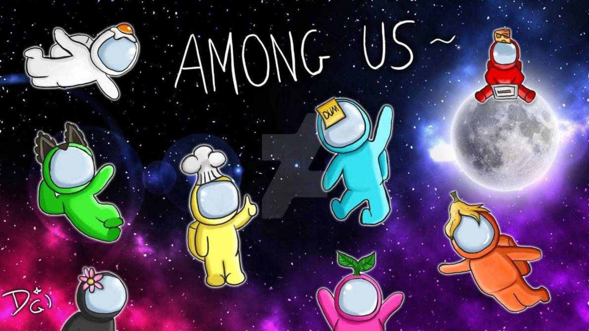 game 桌布 壁紙 — 色彩繽紛的Among Us角色在充滿活力的宇宙星雲中快樂漂浮，伴有月亮和星星。