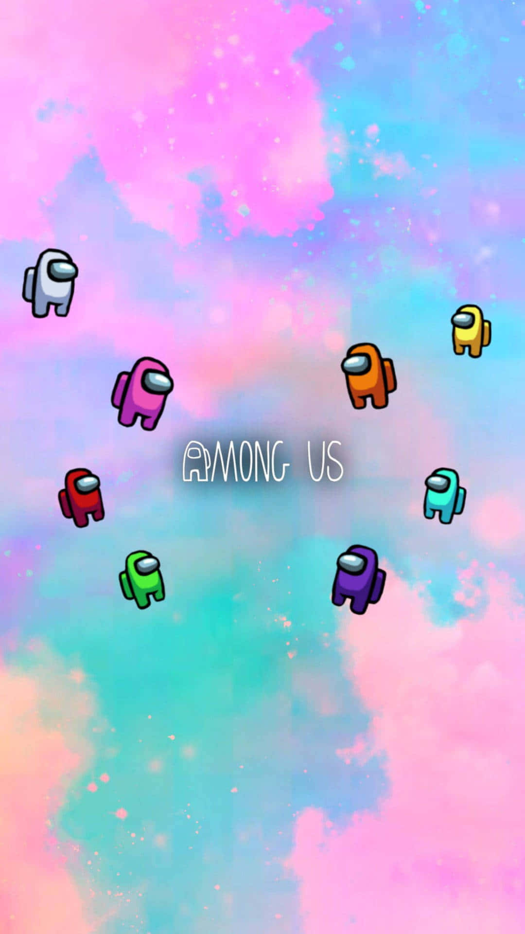 Among Us角色在色彩繽紛的宇宙天空中漂浮，伴隨著星星。 — Among US 壁紙