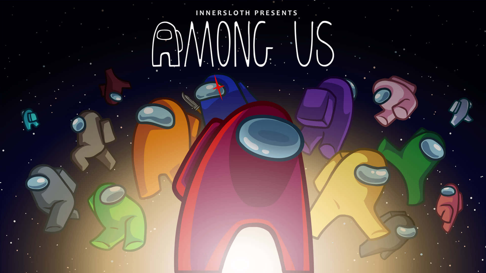 Among Us角色在太空中漂浮，背後有星星和發光的光線。 — Among US 壁紙