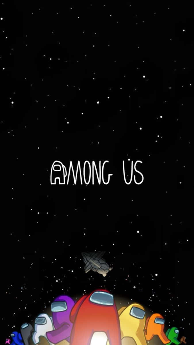 Among US Phone 桌布 壁紙 — 色彩繽紛的Among Us角色穿著太空衣，仰望星空虛無，遊戲標題漂浮在上方。