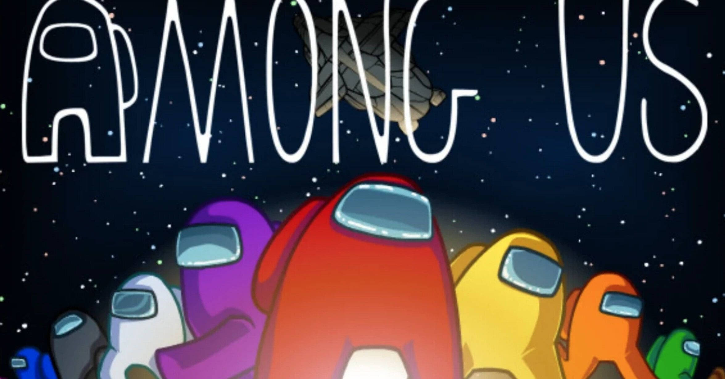 Blue Among US 桌布 壁紙 — 色彩繽紛的Among Us角色身穿太空服，站在星光燦爛的宇宙背景前，遊戲標題漂浮在上方。