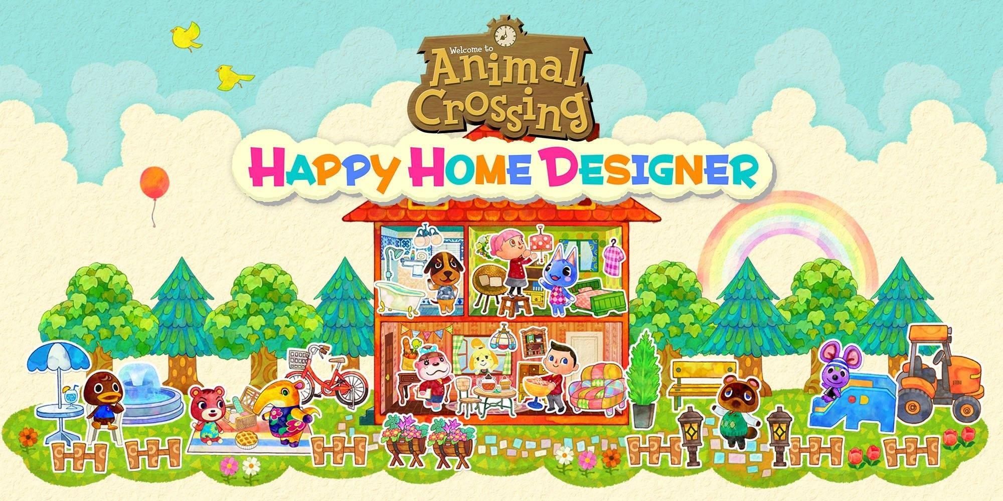 動物森友會 桌布 壁紙 — 色彩繽紛的Animal Crossing Happy Home Designer標題畫面，顯示卡通動物正在裝飾一間舒適的房子，有彩虹和樹木。