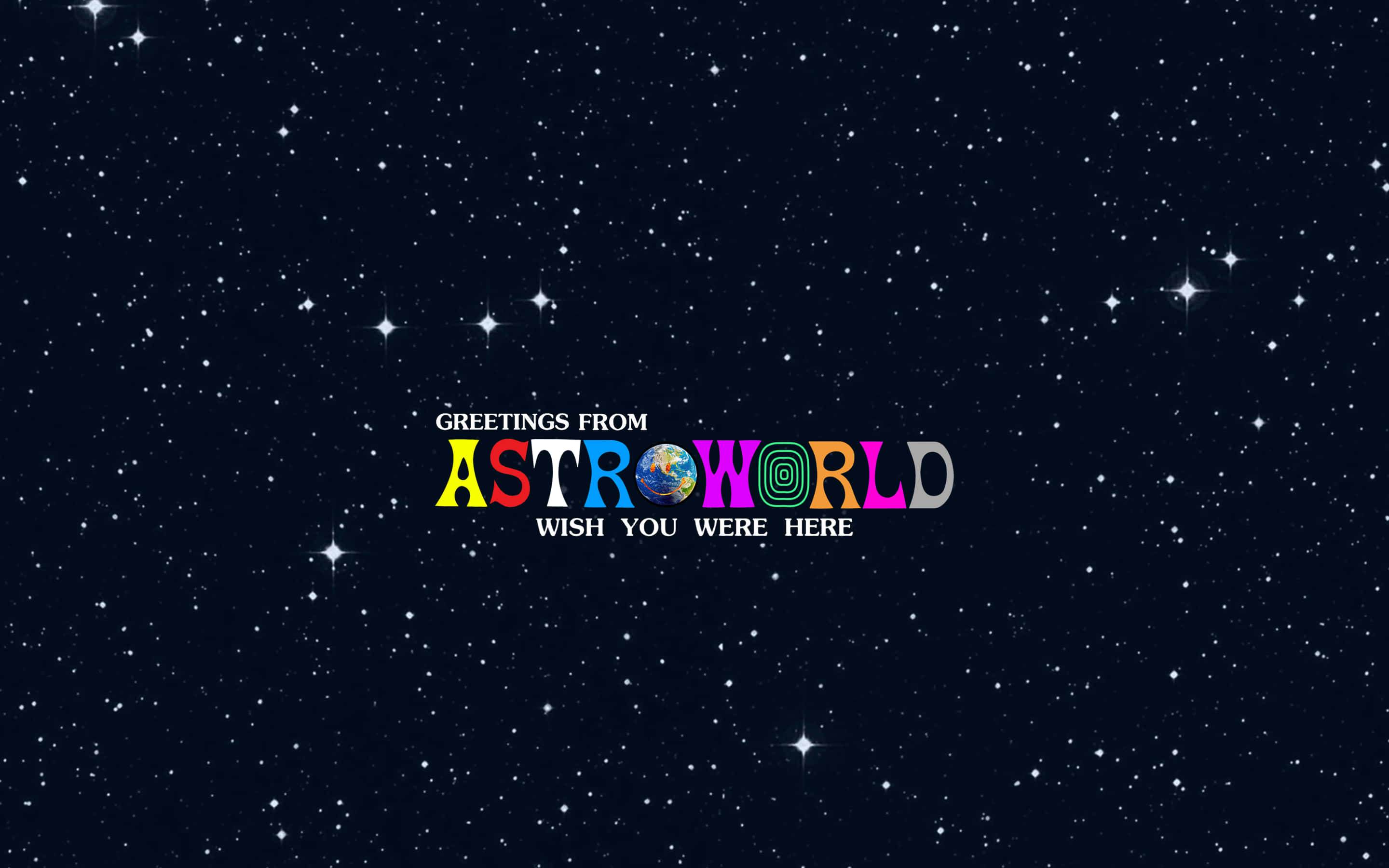 Astroworld 桌布 壁紙 — 色彩繽紛的AstroWorld標誌漂浮在繁星點點的夜空上，背景為深藍色。