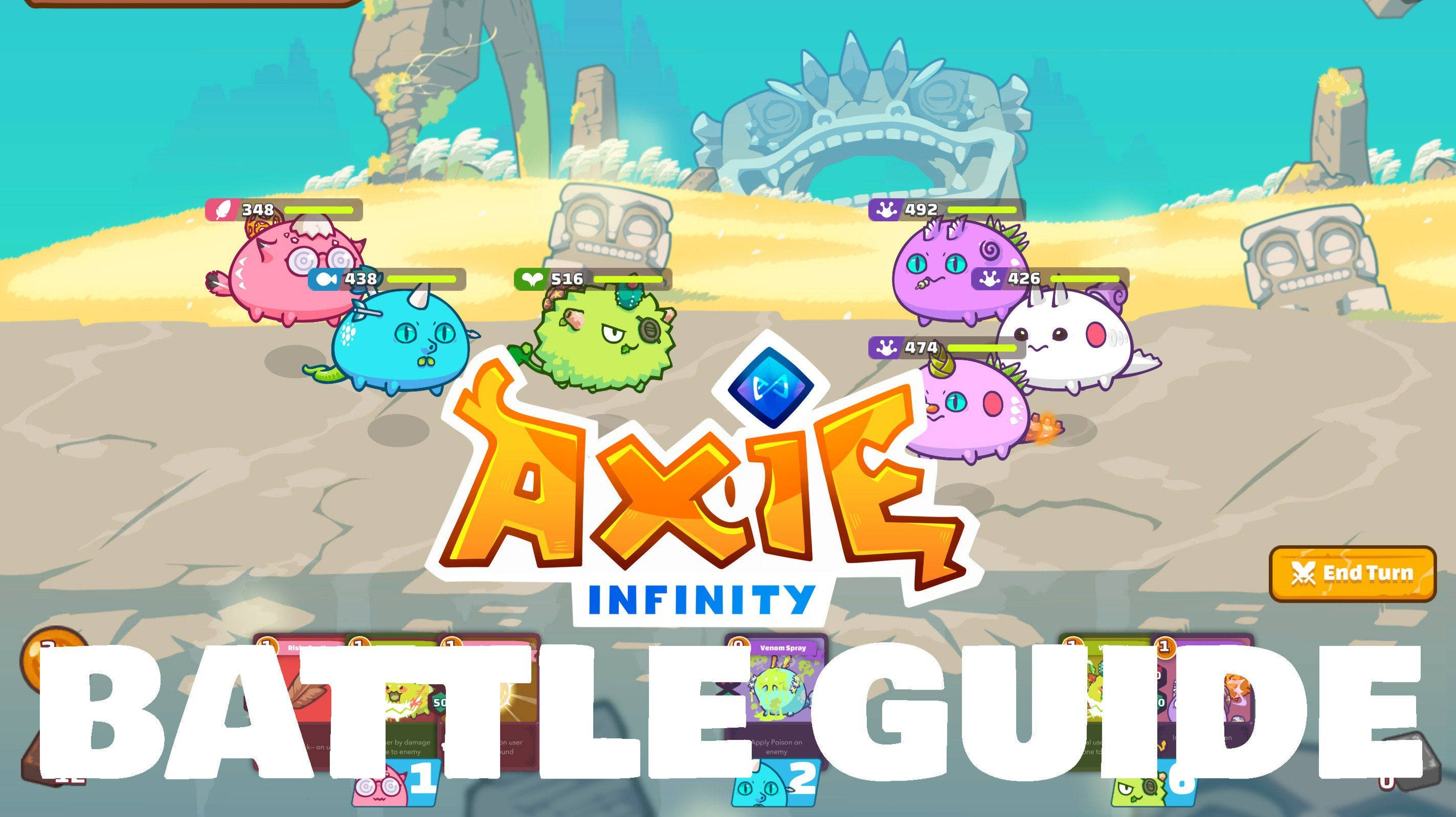 infinity 桌布 壁紙 — 色彩繽紛的Axie Infinity生物在明亮的藍天下，在有古代遺跡的沙地競技場上戰鬥。