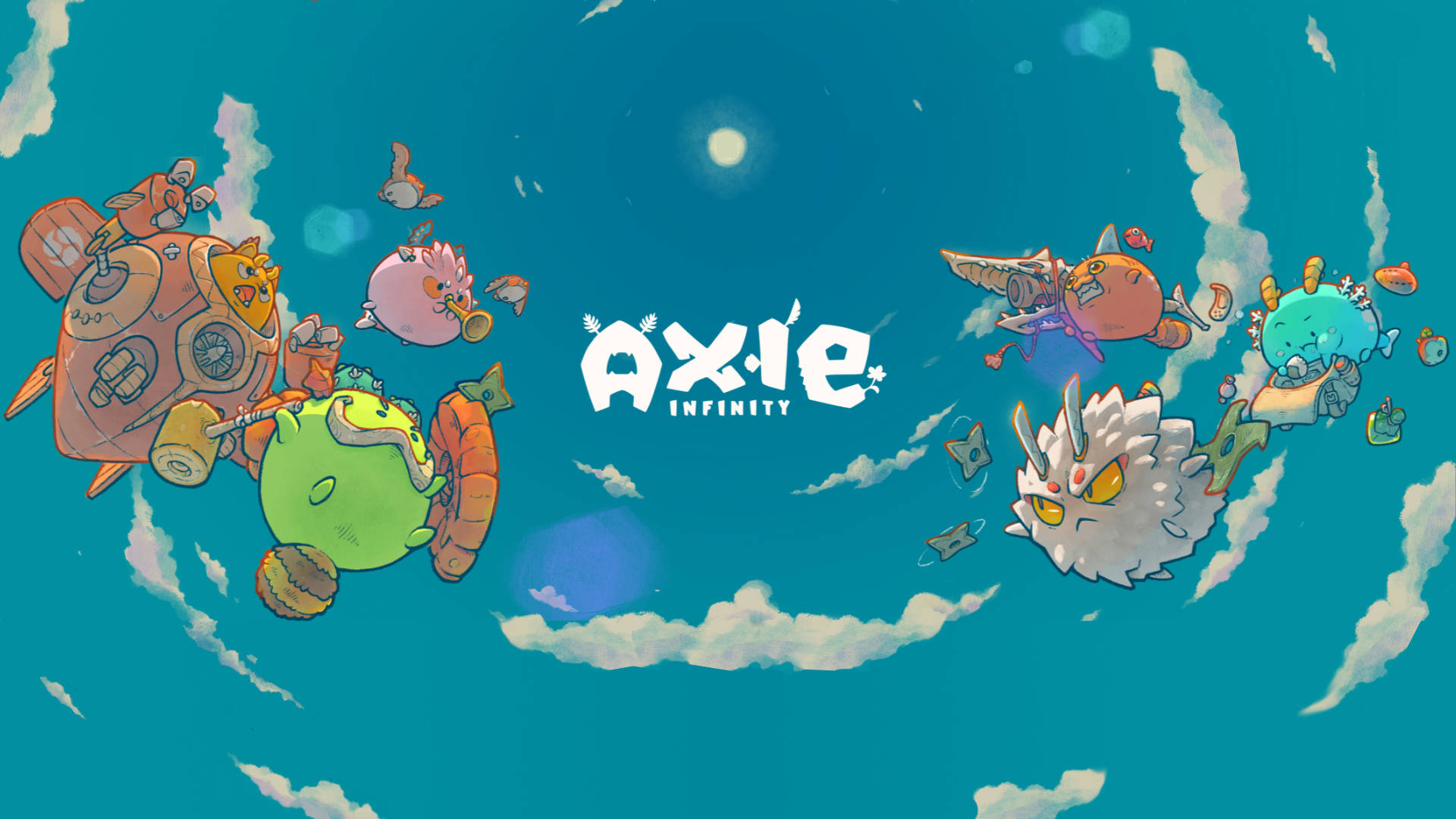 infinity 桌布 壁紙 — 色彩繽紛的Axie Infinity生物在帶有 fluffy 雲朵和發光球體的青綠色天空中飛翔。