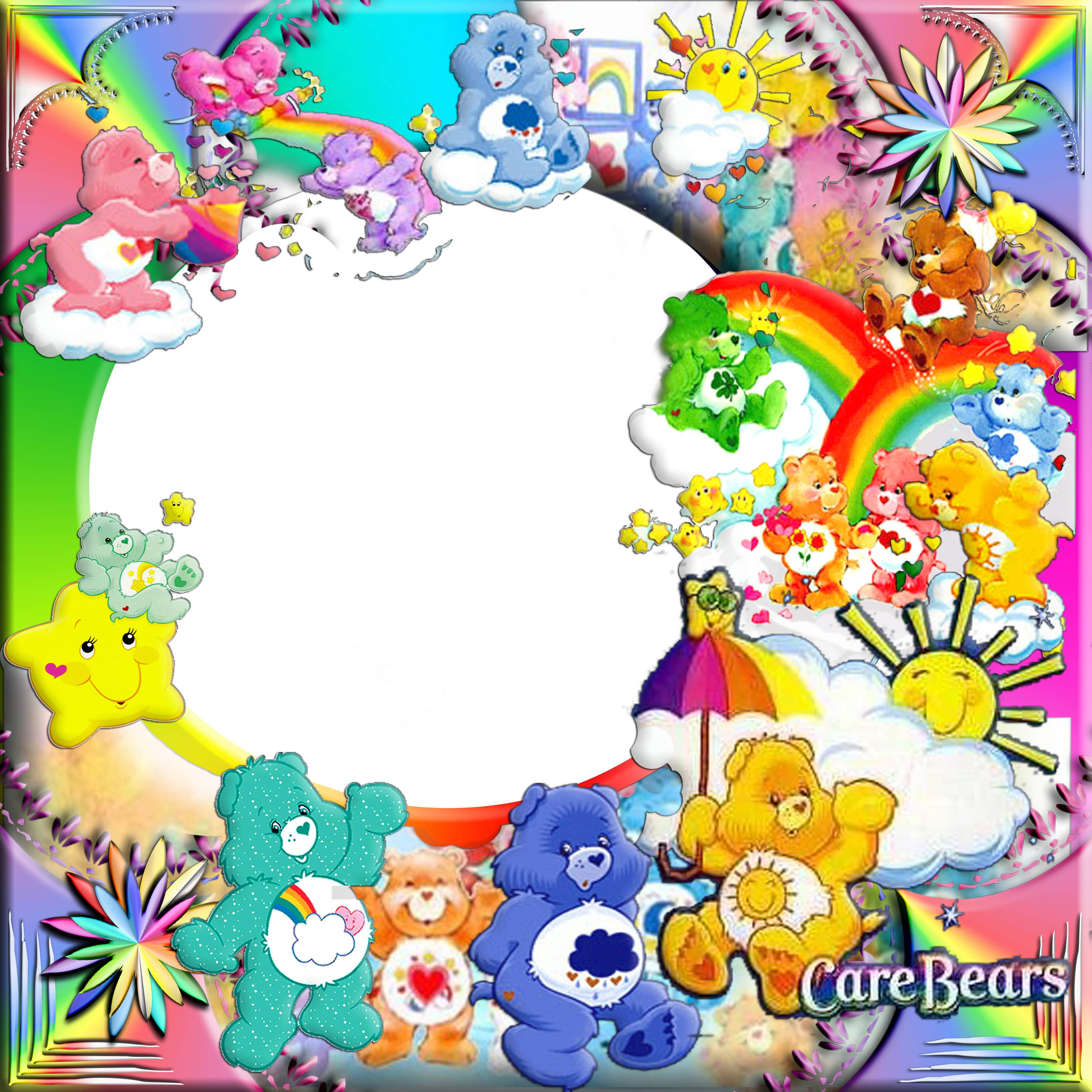 彩虹熊 桌布 壁紙 — 色彩繽紛的Care Bears圍繞一個空白圓圈，配有彩虹、雲朵和微笑的太陽，形成一個歡樂的卡通邊框。