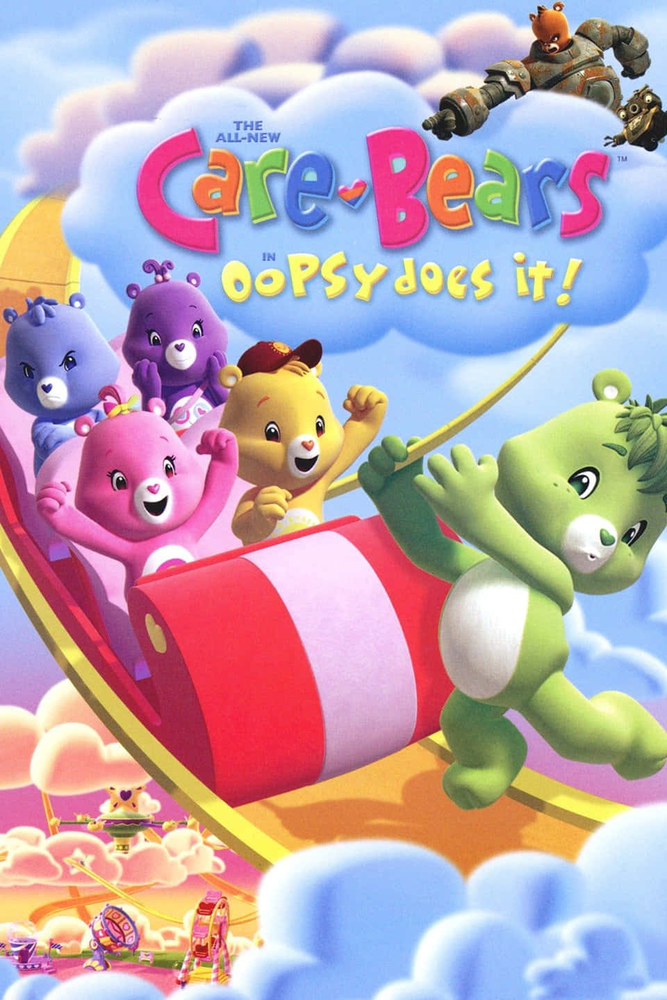 彩虹熊 桌布 壁紙 — 色彩繽紛的Care Bears在明亮的卡通天空中，乘坐巨大的紅白條紋滑梯穿過蓬鬆的雲朵。