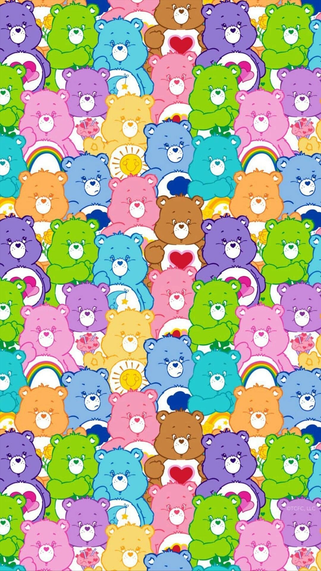 Kidcore 桌布 壁紙 — 色彩繽紛的Care Bears帶有愉快表情和象徵性徽章的生動重複圖案。