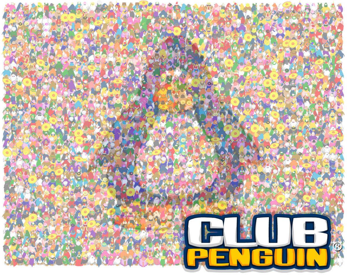 遊戲 桌布 壁紙 — 色彩繽紛的Club Penguin角色組成的生動馬賽克，在明亮的背景上形成一個大型企鵝剪影。