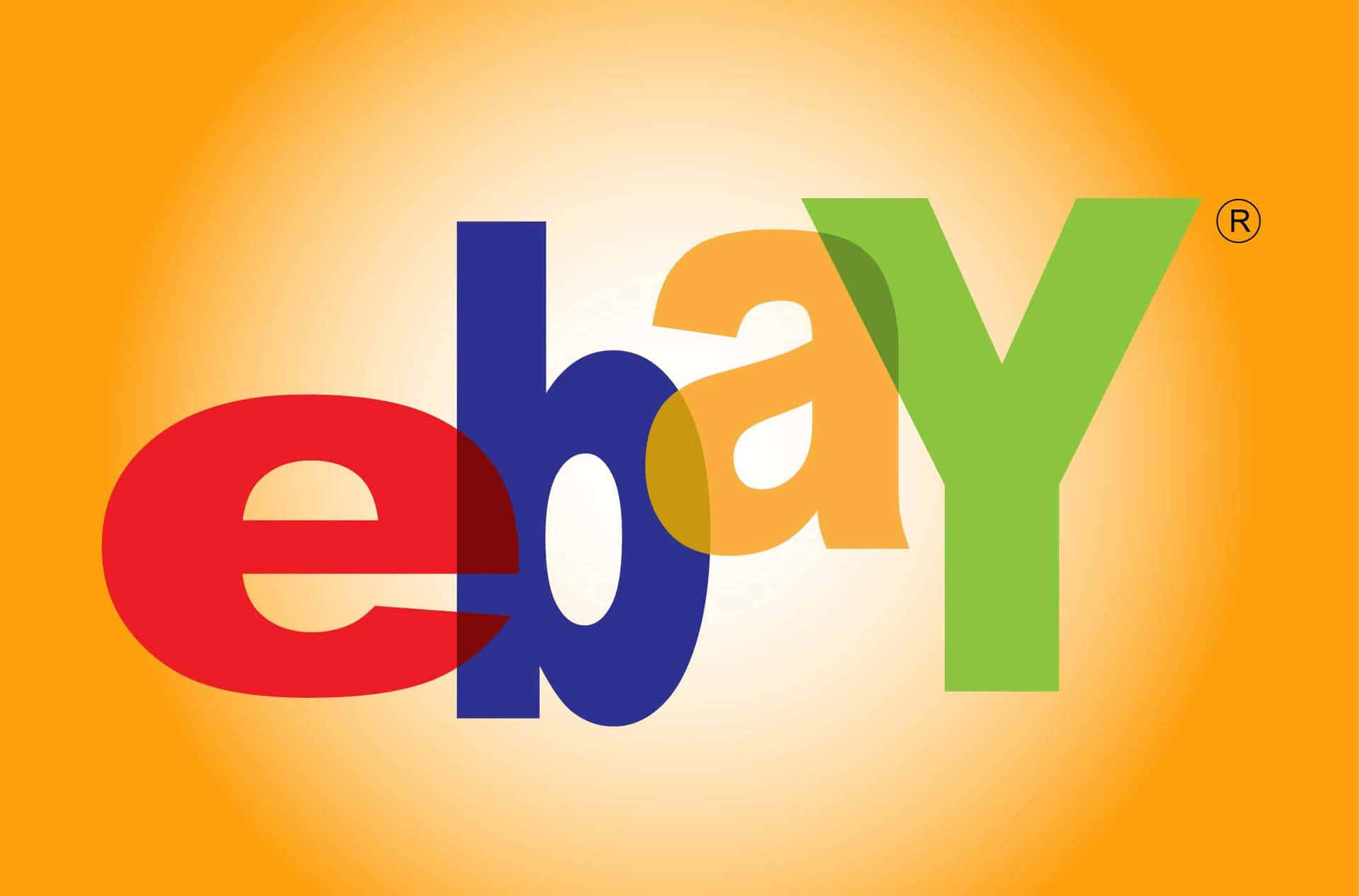 品牌 桌布 壁紙 — 色彩繽紛的eBay標誌，紅色、藍色、黃色和綠色的字母居中在耀眼的橙色漸變背景上。