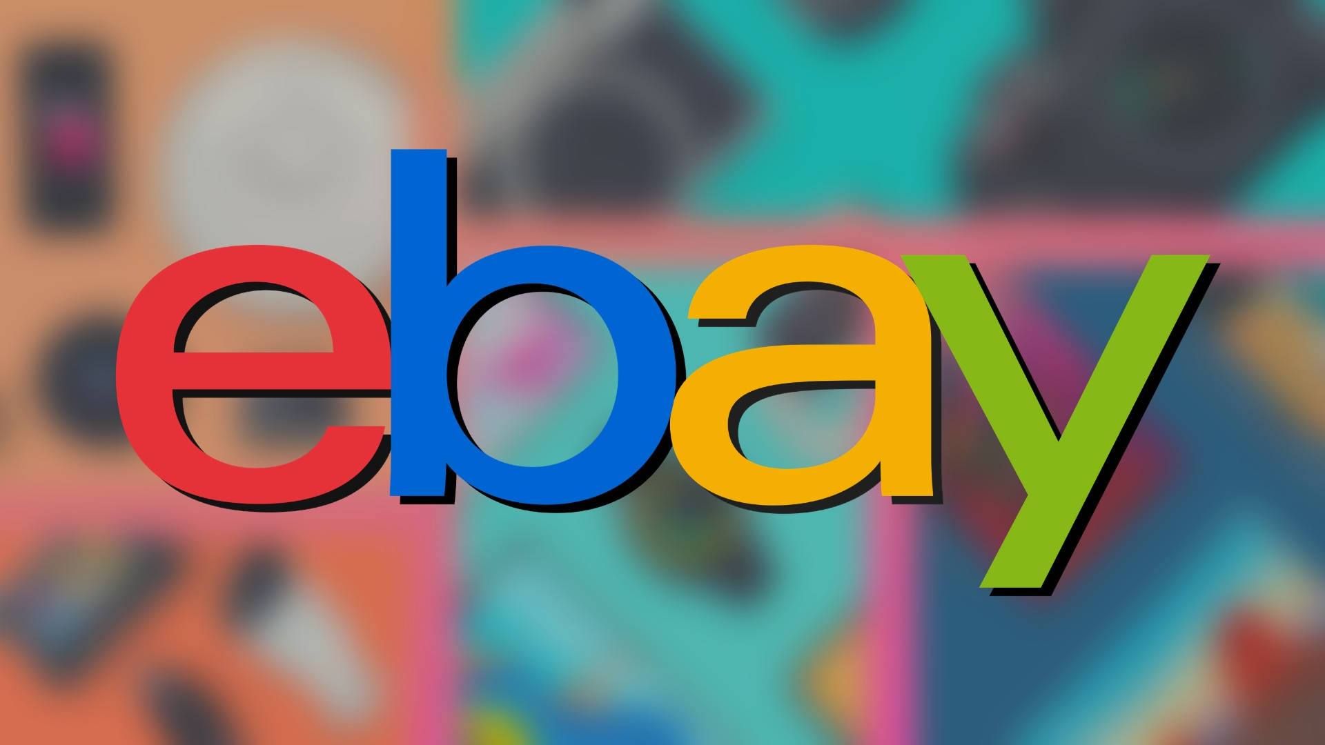 eBay 桌布 壁紙 — 色彩繽紛的eBay標誌在各種物品的鮮豔模糊背景上顯得大膽而清晰。