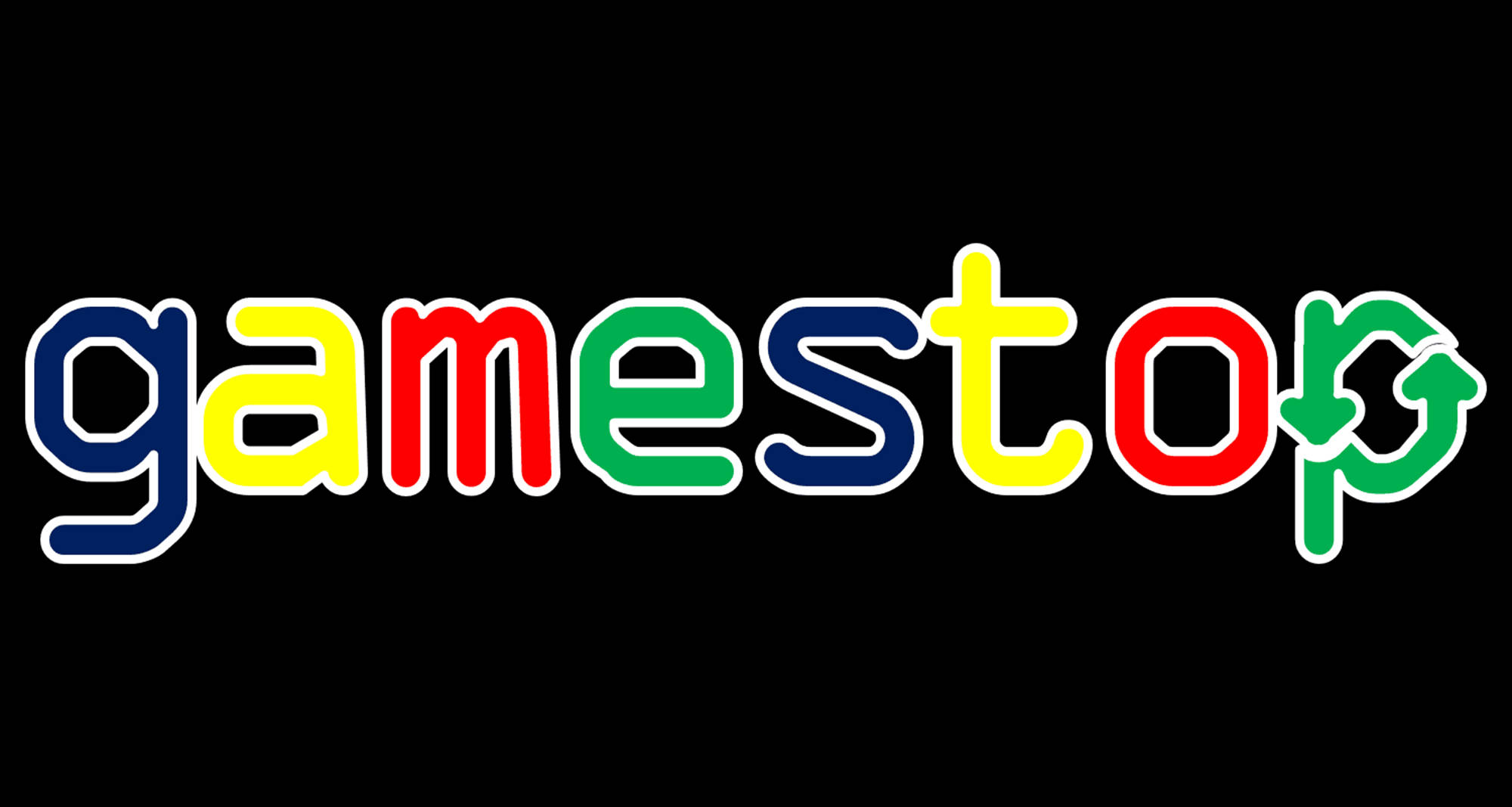 GameStop 桌布 壁紙 — 色彩繽紛的GameStop標誌，帶有彩虹色字母和綠色箭頭，背景為黑色。
