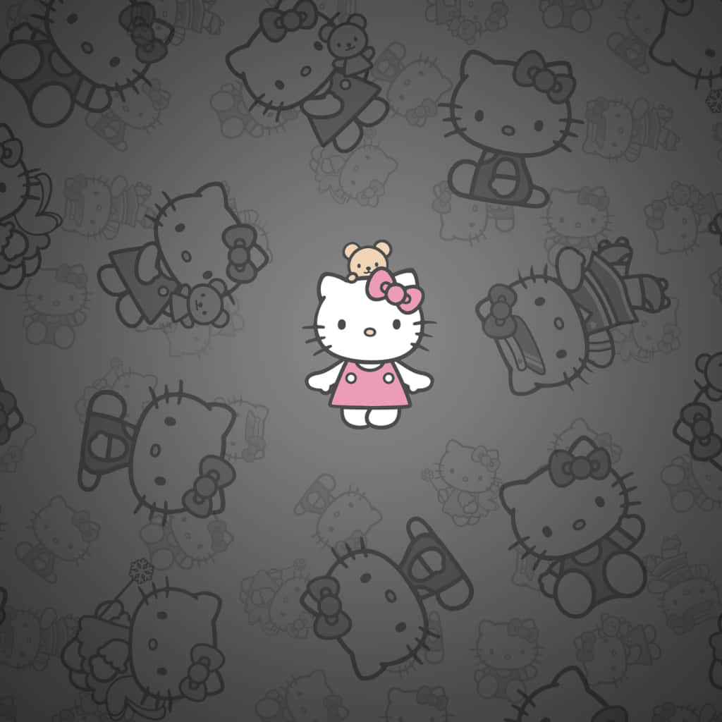 粉紅色 桌布 壁紙 — 色彩繽紛的Hello Kitty在充滿褪色Hello Kitty圖案的灰色背景上脫穎而出。