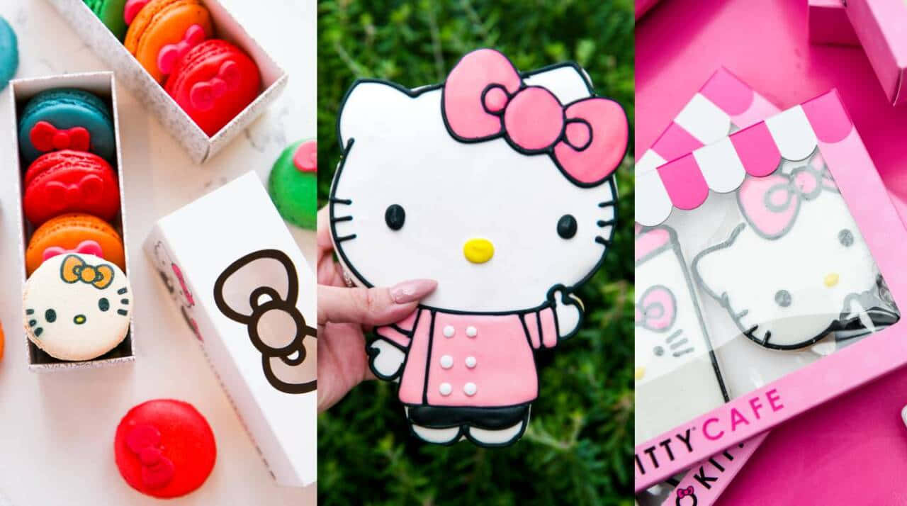 Hello Kitty 桌布 壁紙 — 色彩繽紛的Hello Kitty主題馬卡龍和蛋糕切塊，以粉紅色包裝展示在綠色草地上。