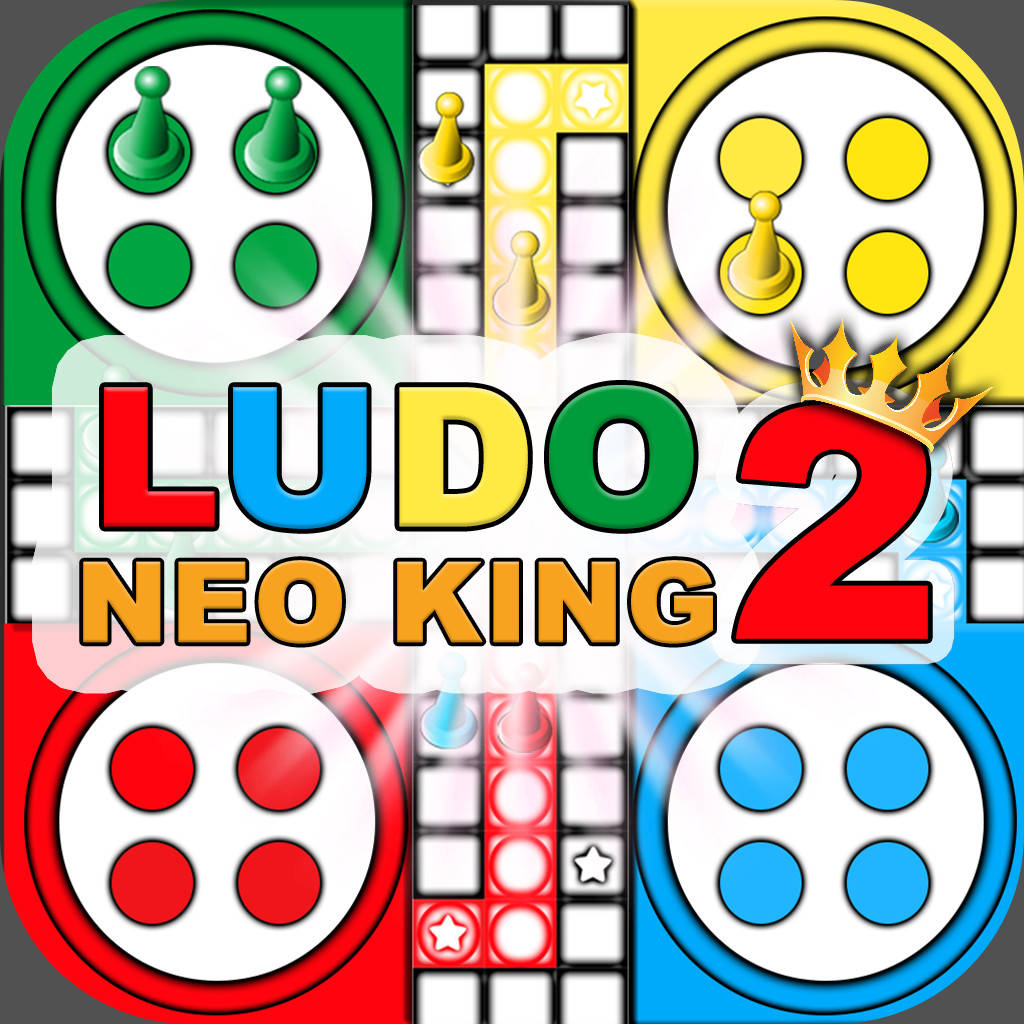 桌布 壁紙 — 色彩繽紛的Ludo Neo King 2遊戲圖示，網格上有彩色玩家棋子、粗體文字和皇冠。