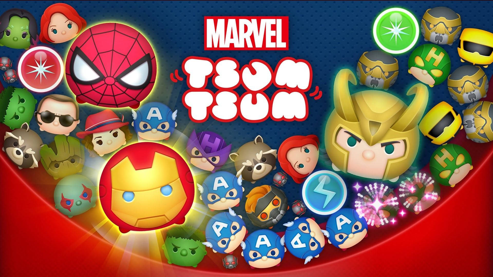 Cute Marvel 桌布 壁紙 — 色彩繽紛的Marvel卡通角色以Tsum Tsum風格圍繞遊戲標誌，背景為動感的紅色和藍色。