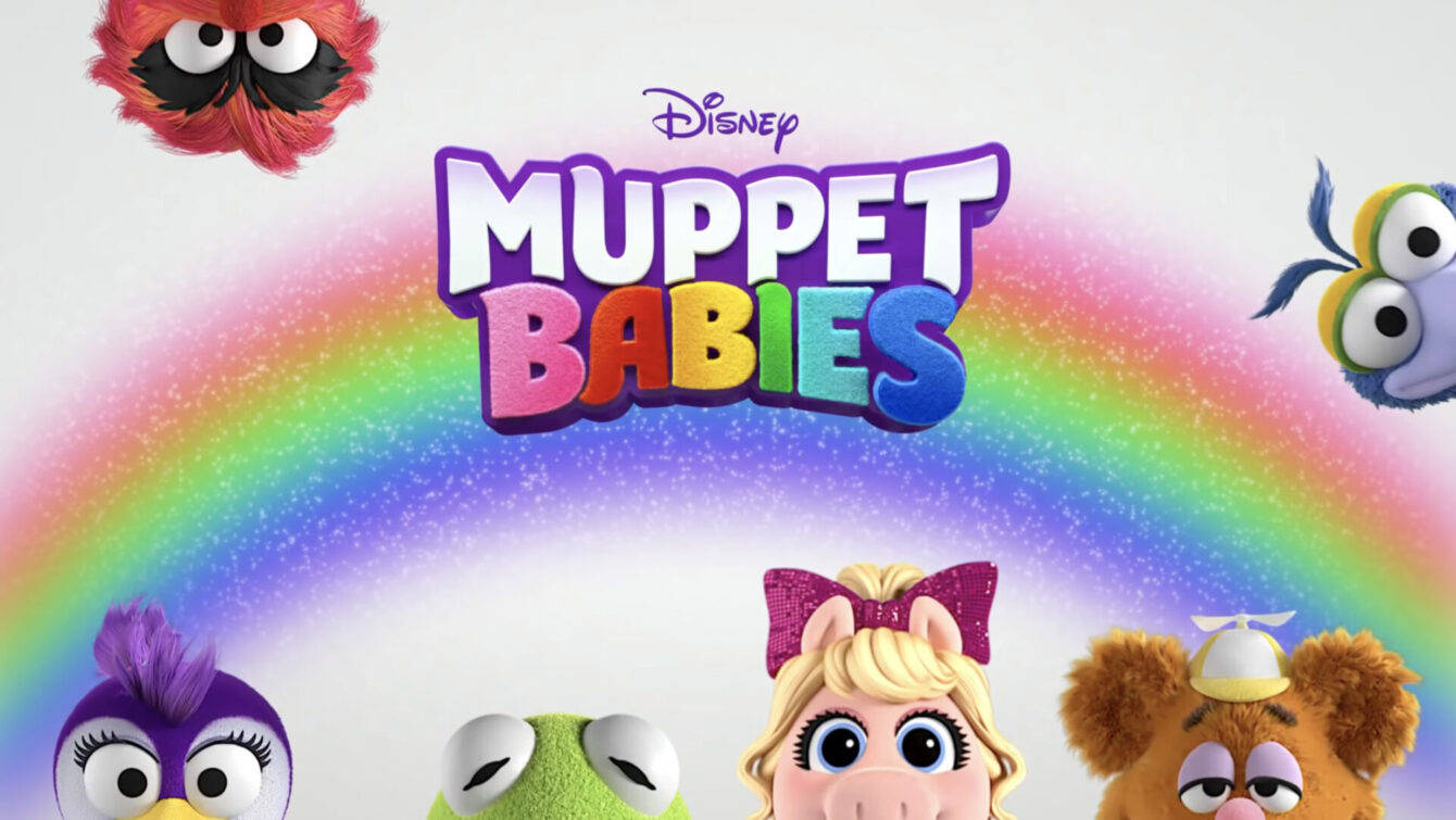 babies 桌布 壁紙 — 色彩繽紛的Muppet Babies角色在迪士尼標誌下漂浮在閃閃發光的彩虹周圍。