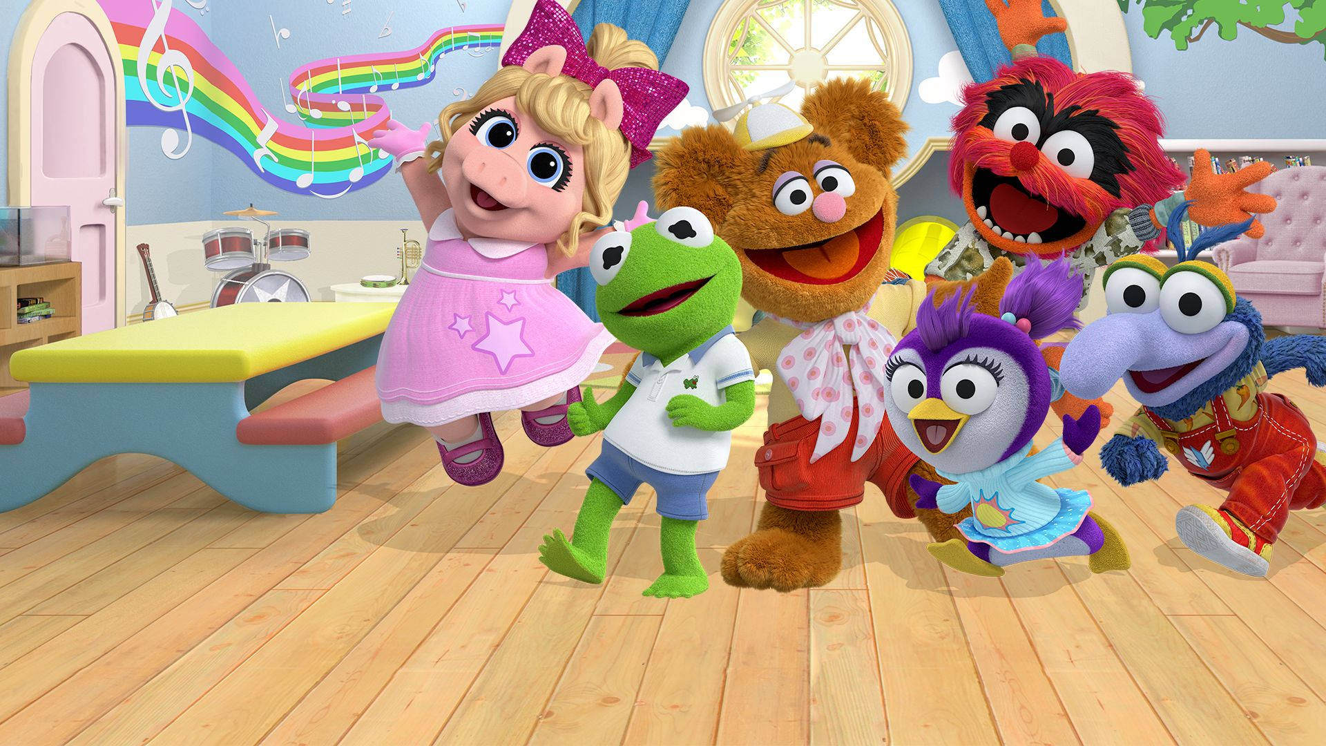 babies 桌布 壁紙 — 色彩繽紛的Muppet角色在明亮的卡通教室中快樂跳舞，周圍漂浮著彩虹色的音符。